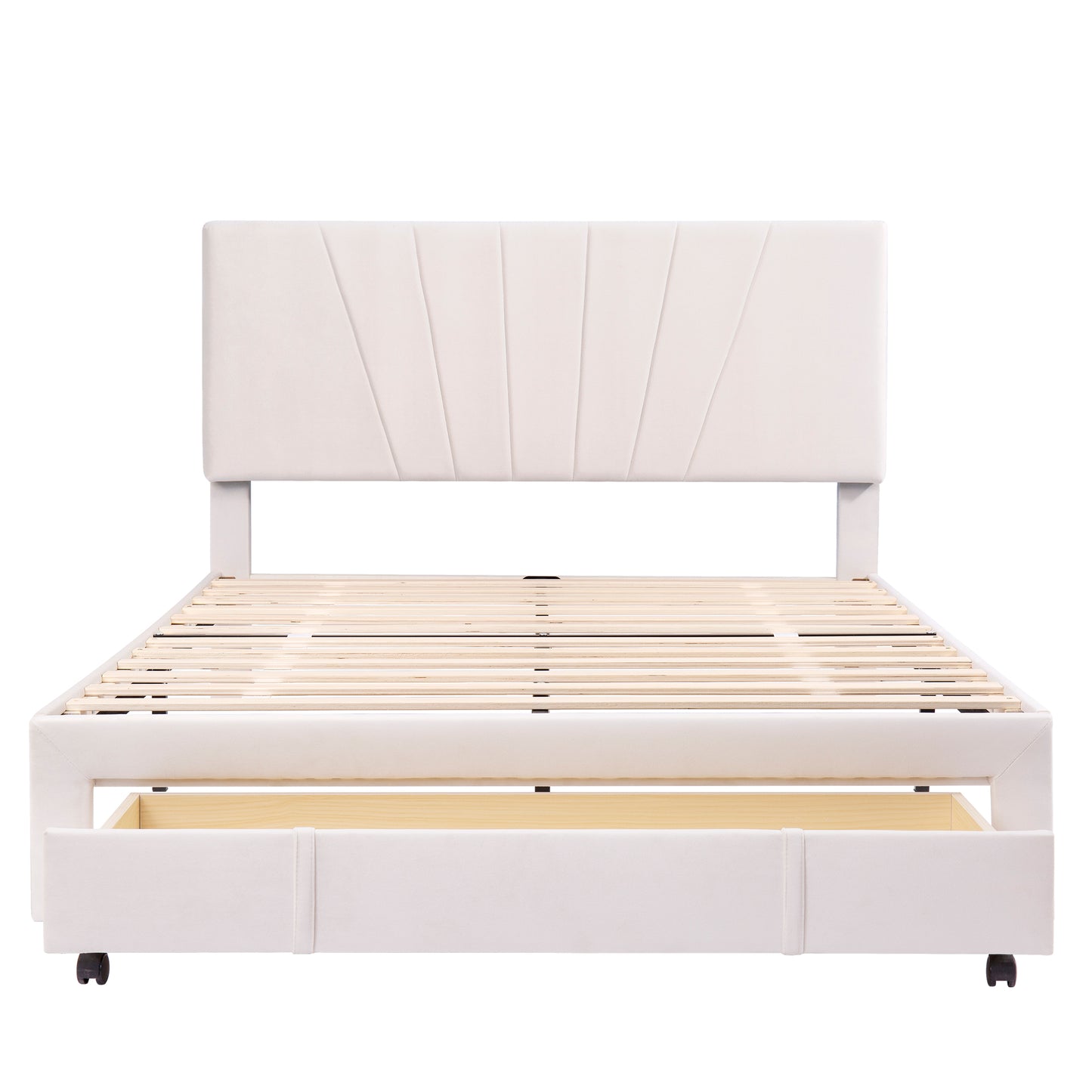 140x200cm Velvet Upholstered Double Bed with Slatted Frame & Large Drawer