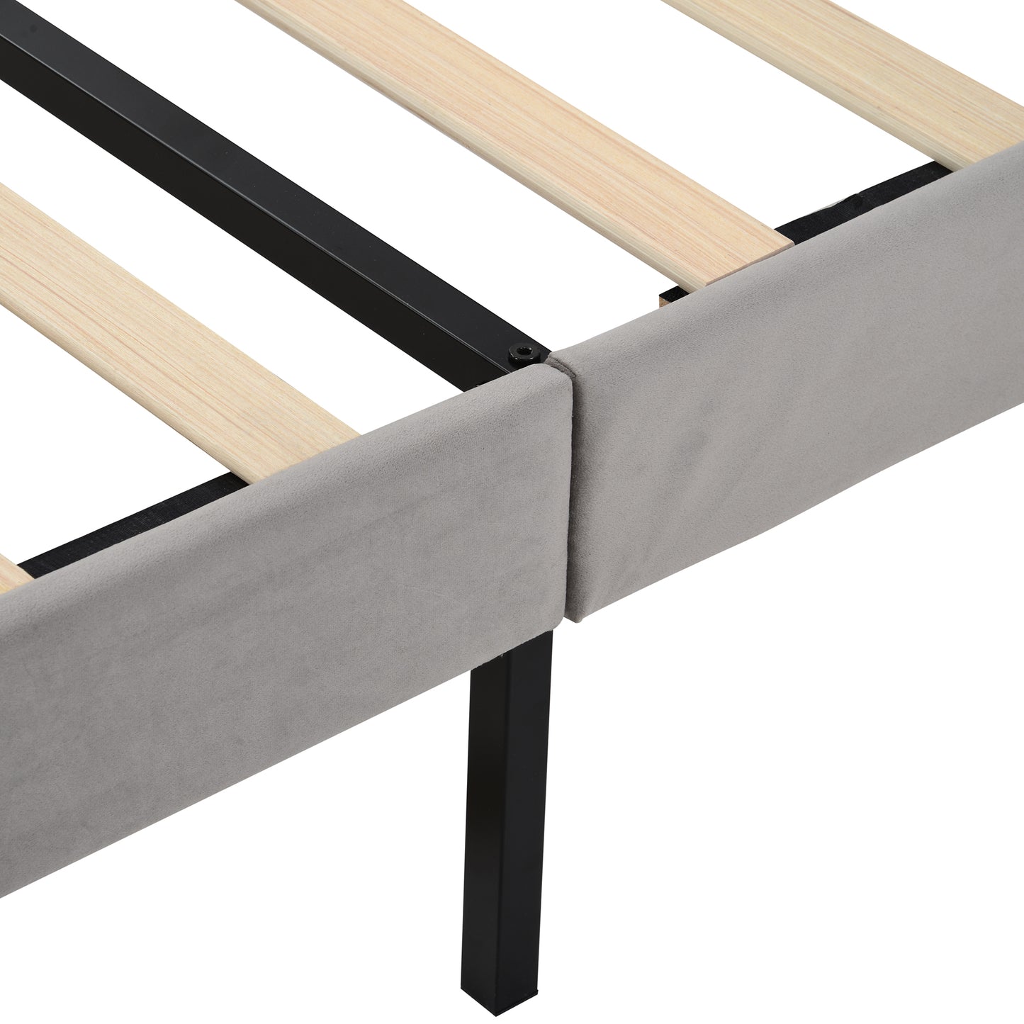 140x200cm Grey Velvet Upholstered Double Bed with Slatted Frame & Large Drawer