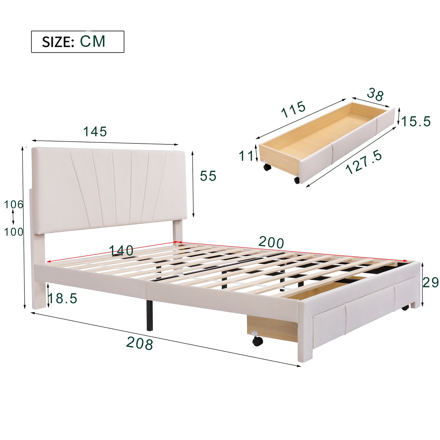 140x200cm Velvet Upholstered Double Bed with Slatted Frame & Large Drawer