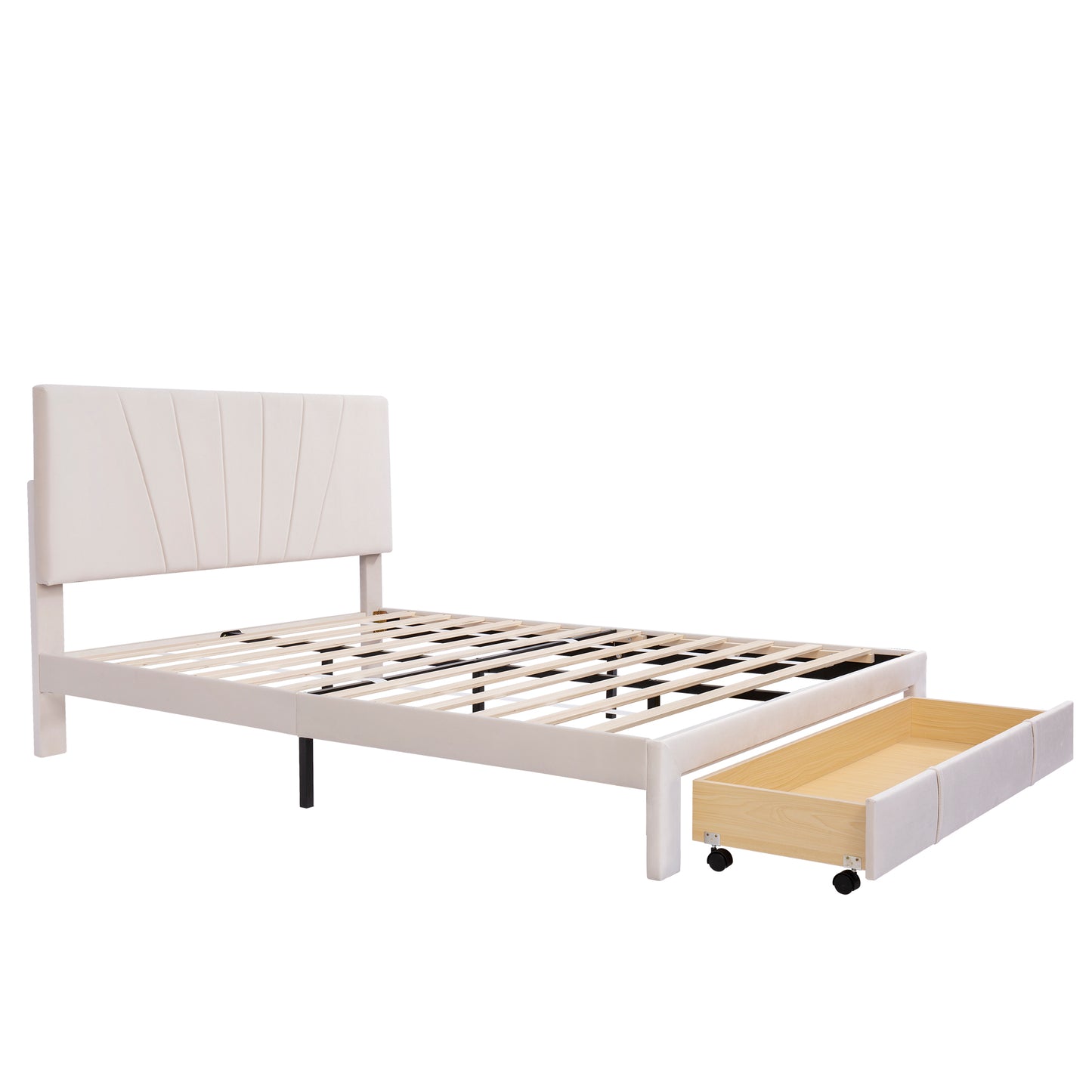 140x200cm Velvet Upholstered Double Bed with Slatted Frame & Large Drawer