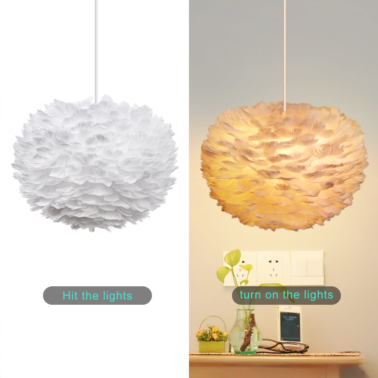 (M)Pendant Light Globe White Feather Chandelier E27 for Children's Bedroom Living Room