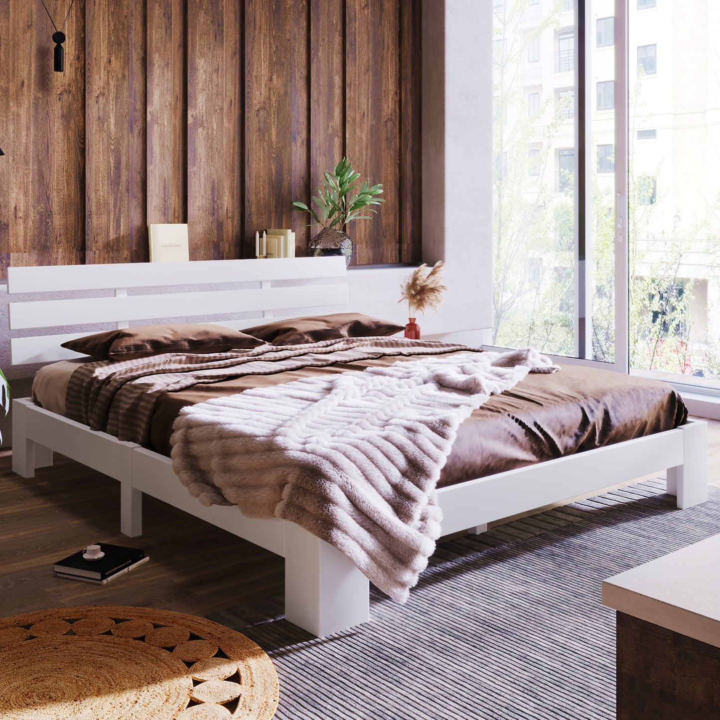 (Z)Solid Wood Double Bed 140x200cm White Pine Bed Frame with Headboard and Slatted Base