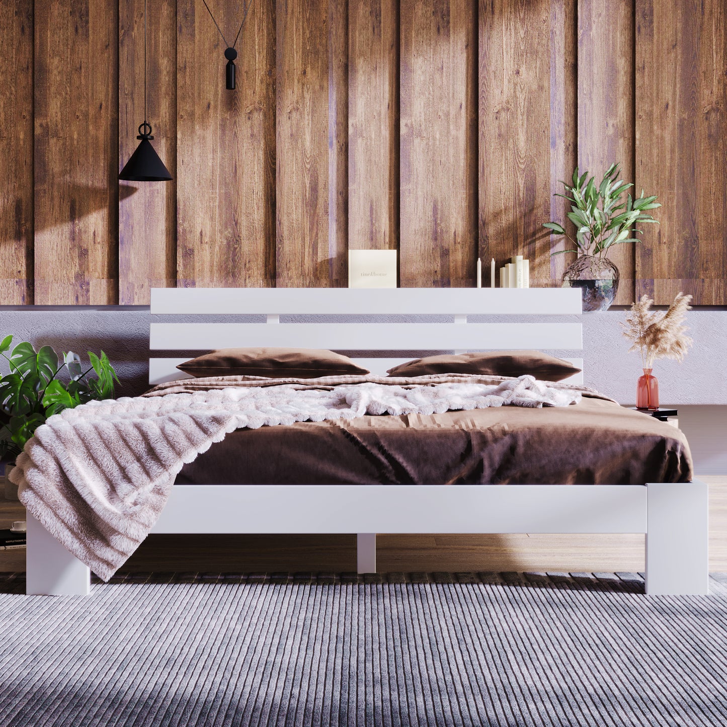 (Z)Solid Wood Double Bed 140x200cm White Pine Bed Frame with Headboard and Slatted Base