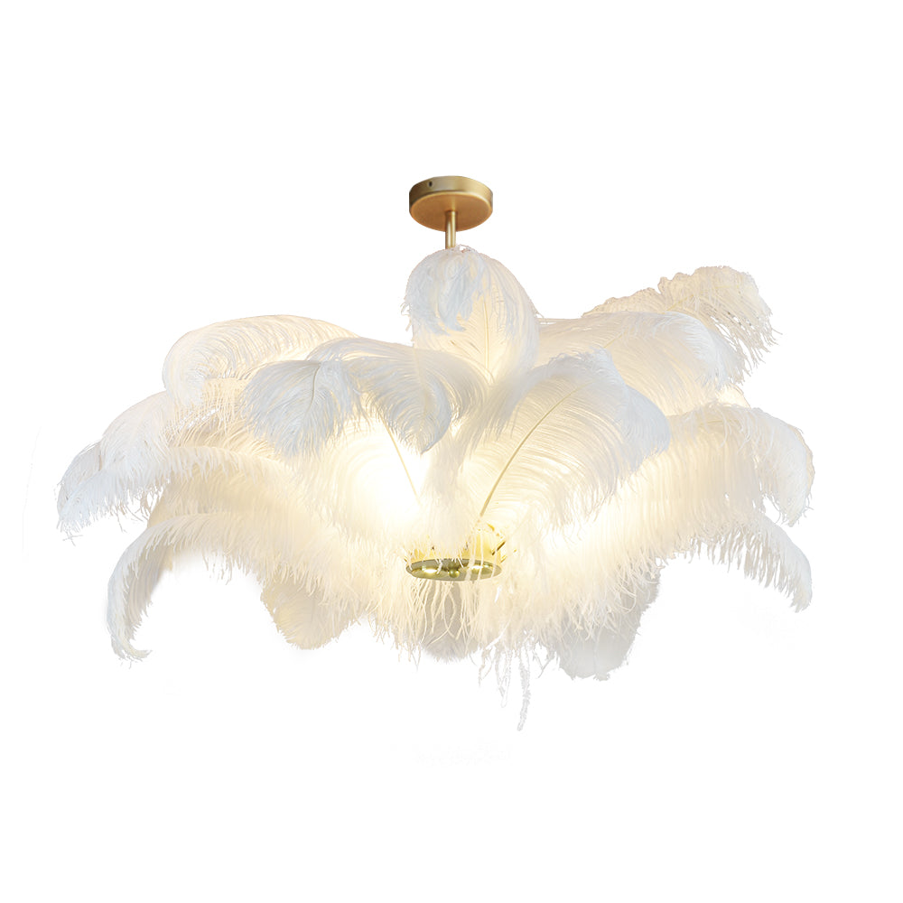 (M)White Feather Chandelier Modern Brass Pendant Light LED for Bedroom Living Room