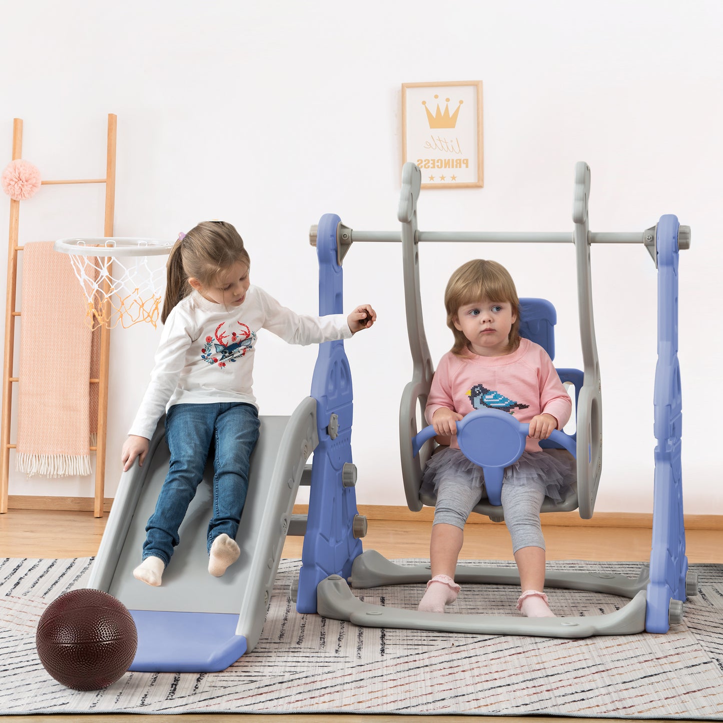 4-in-1 Kids' Slide Swing with Basketball Stand & Ladder
