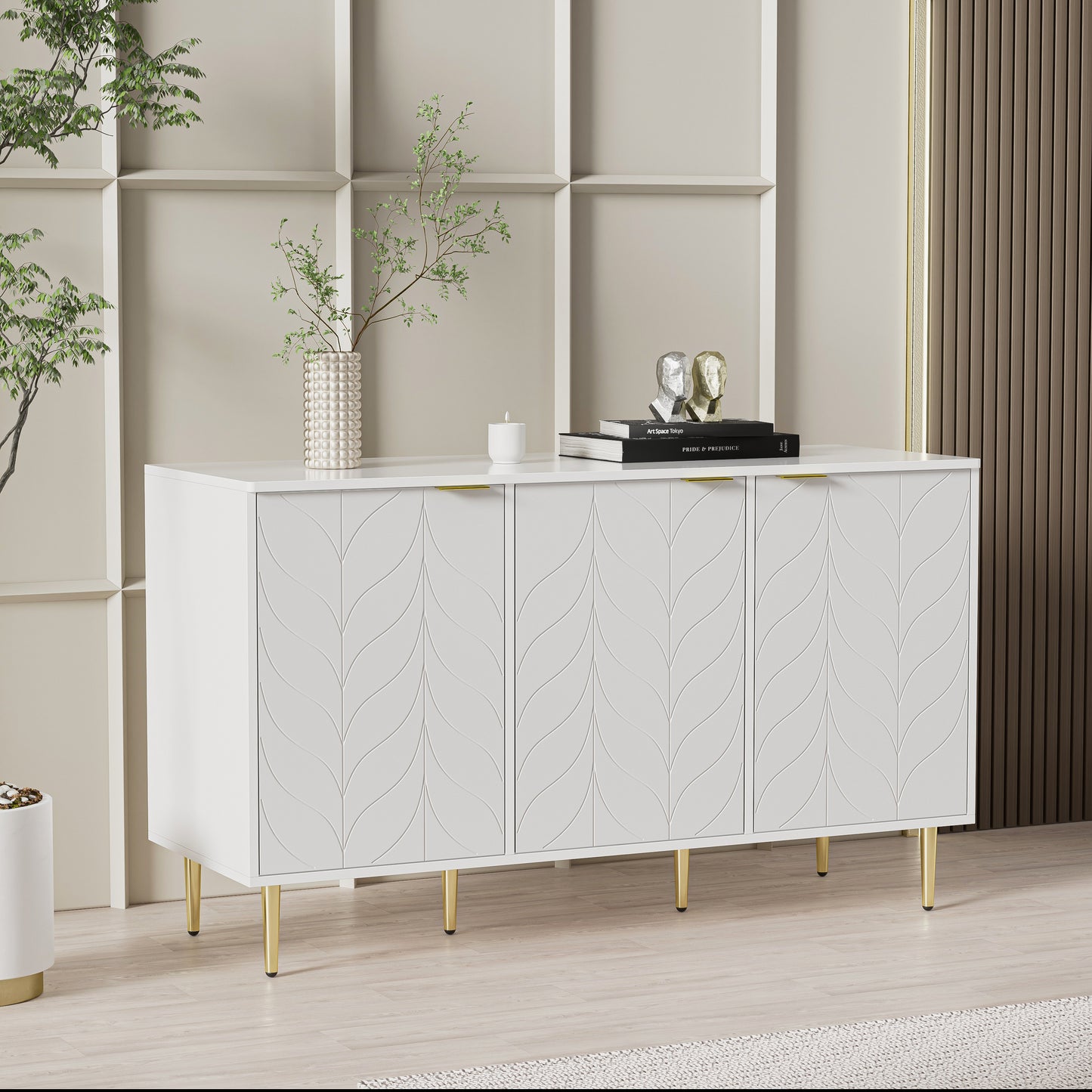 Elegant White Sideboard with Gold Accents-Floral Pattern