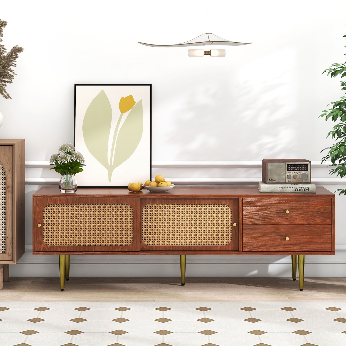 Modern Walnut TV Stand with Rattan Sliding Doors and Storage Compartments