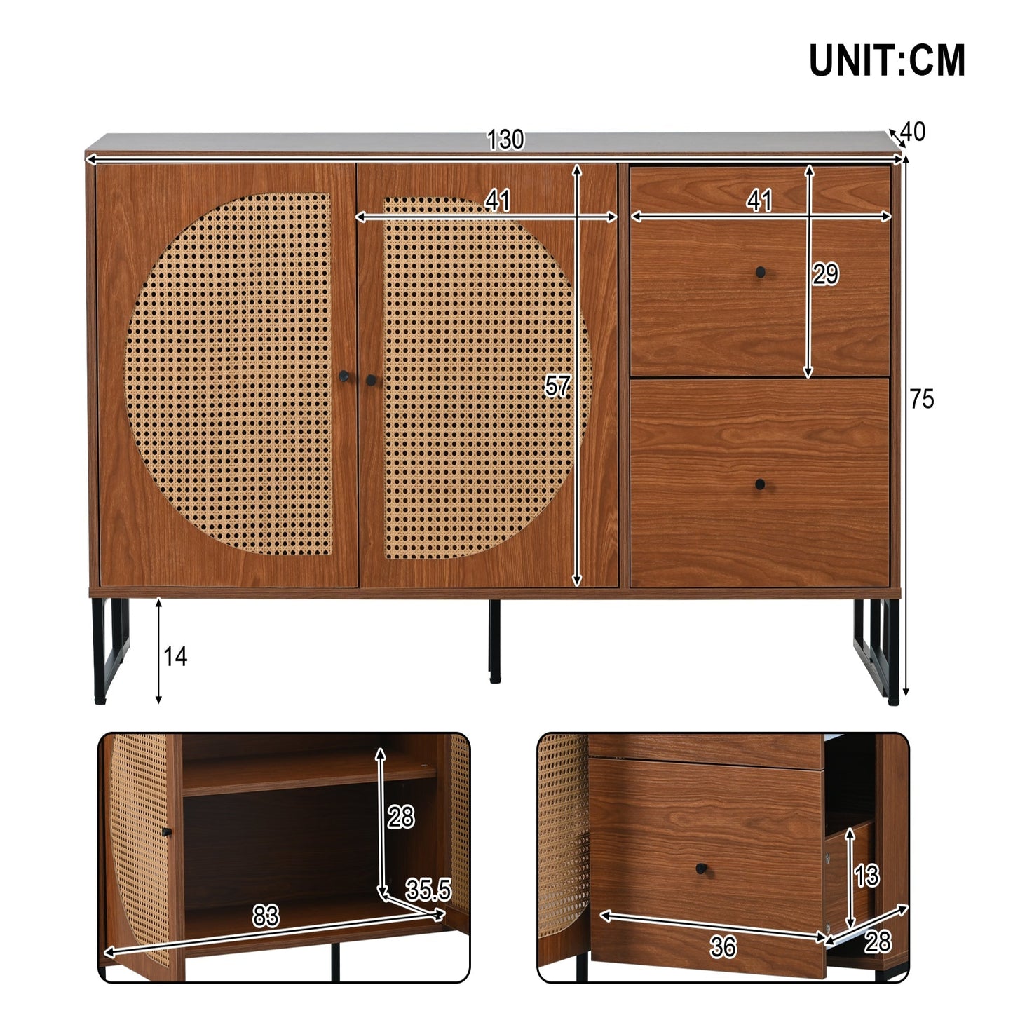 Elegant Walnut Sideboard with Rattan Doors and Drawers - Versatile Storage for Bedroom, Living Room, and Office