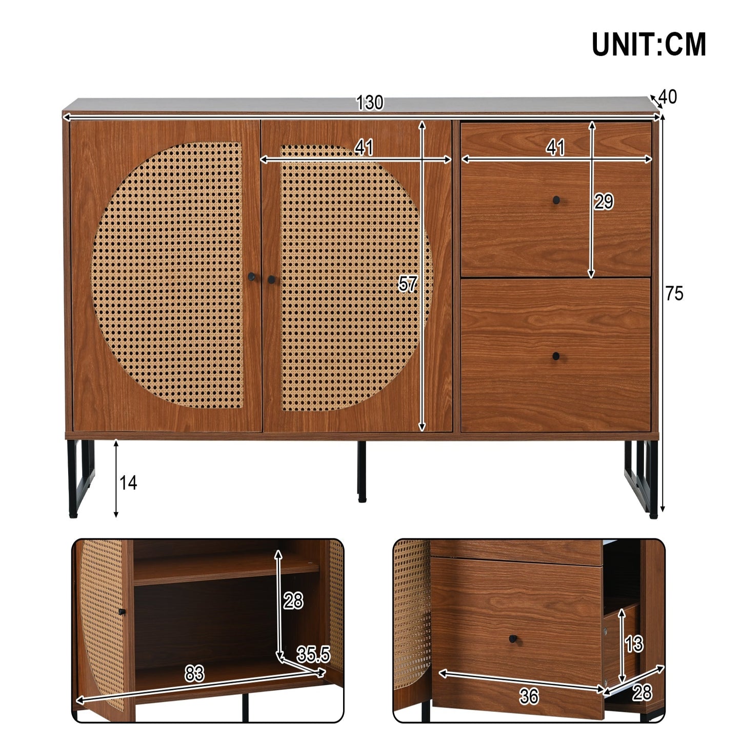 Elegant Walnut Sideboard with Rattan Doors and Drawers - Versatile Storage for Bedroom, Living Room, and Office