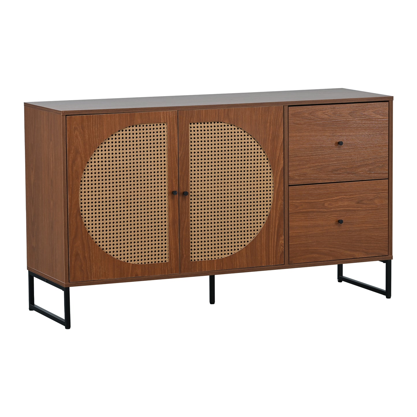 Elegant Walnut Sideboard with Rattan Doors and Drawers - Versatile Storage for Bedroom, Living Room, and Office