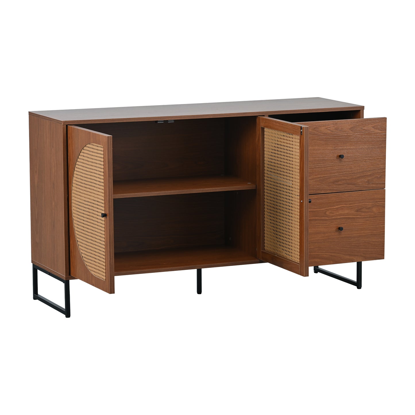 Elegant Walnut Sideboard with Rattan Doors and Drawers - Versatile Storage for Bedroom, Living Room, and Office