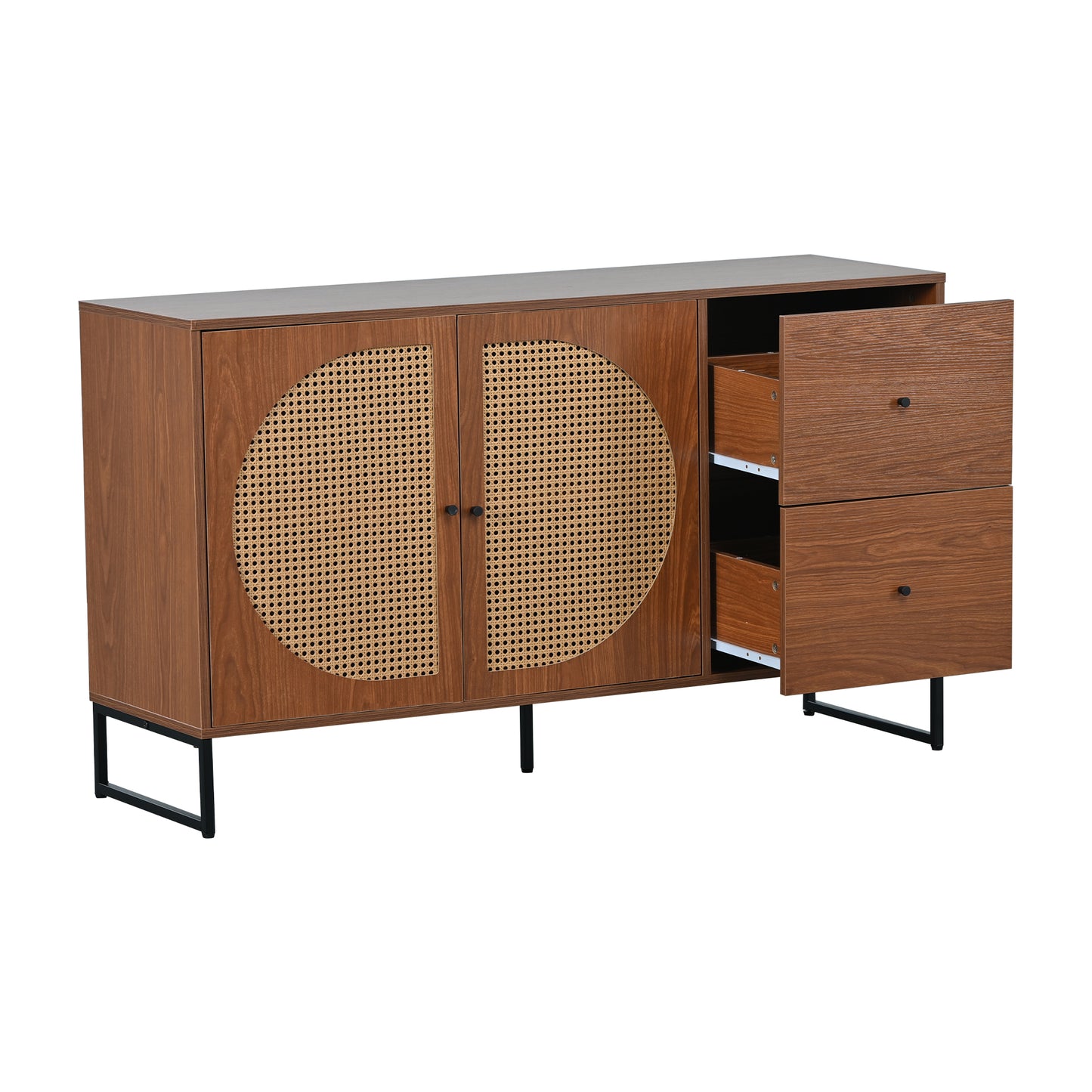 Elegant Walnut Sideboard with Rattan Doors and Drawers - Versatile Storage for Bedroom, Living Room, and Office