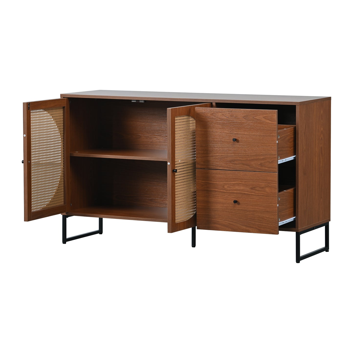 Elegant Walnut Sideboard with Rattan Doors and Drawers - Versatile Storage for Bedroom, Living Room, and Office