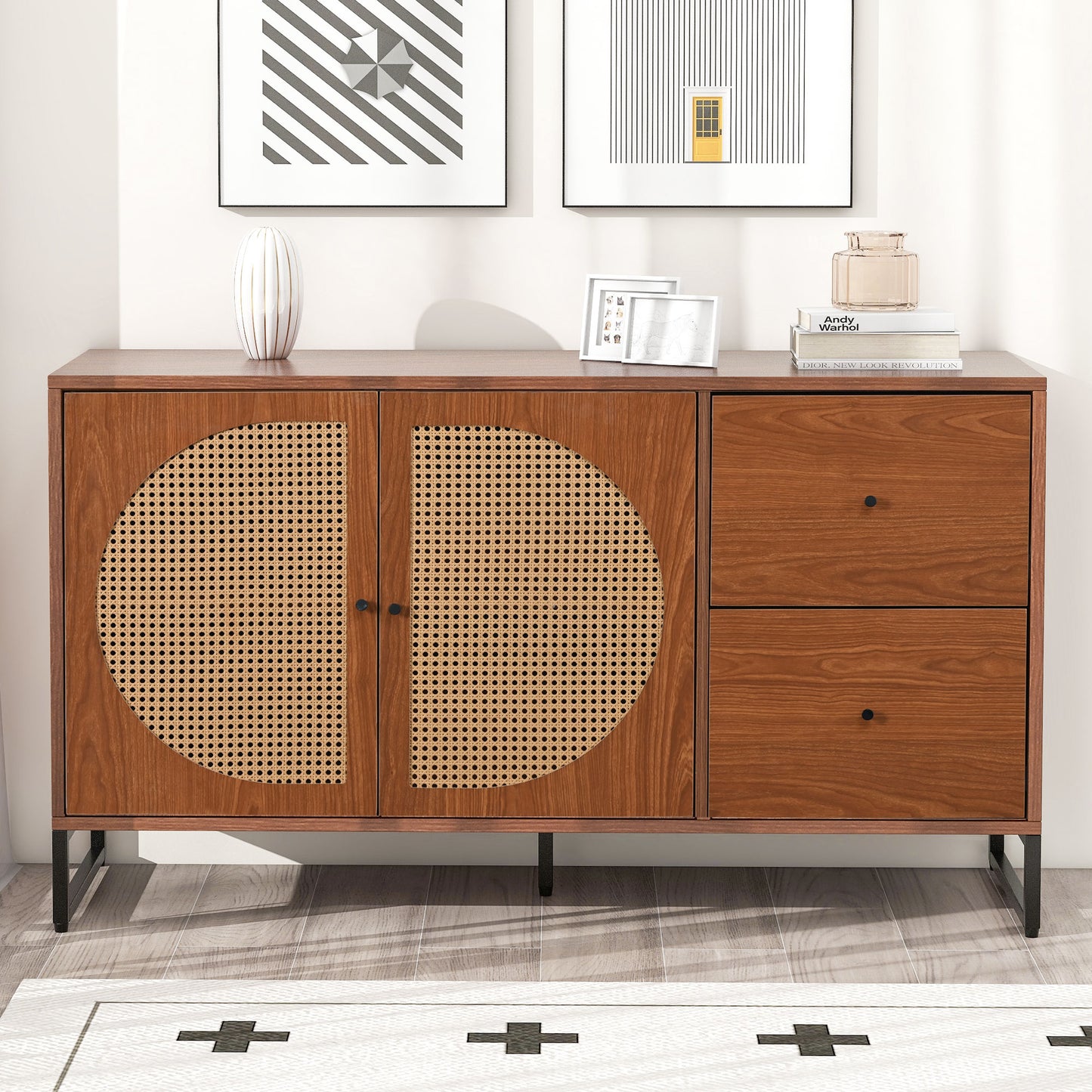 Elegant Walnut Sideboard with Rattan Doors and Drawers - Versatile Storage for Bedroom, Living Room, and Office