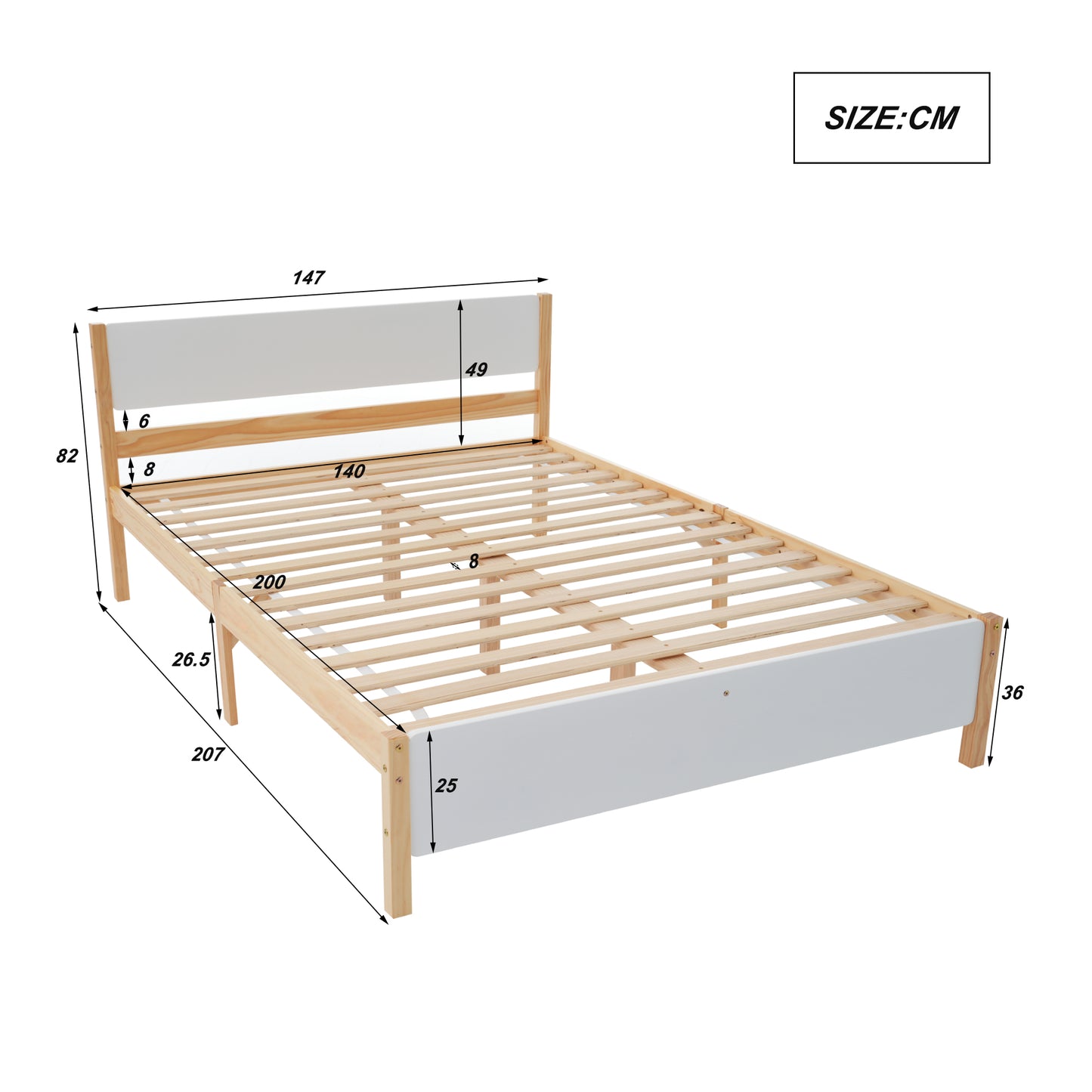 (Z)Solid Wood Double Bed - Central Post Stability, White with Natural Wood Grain, 3 Silent Slide Drawers 140x200cm