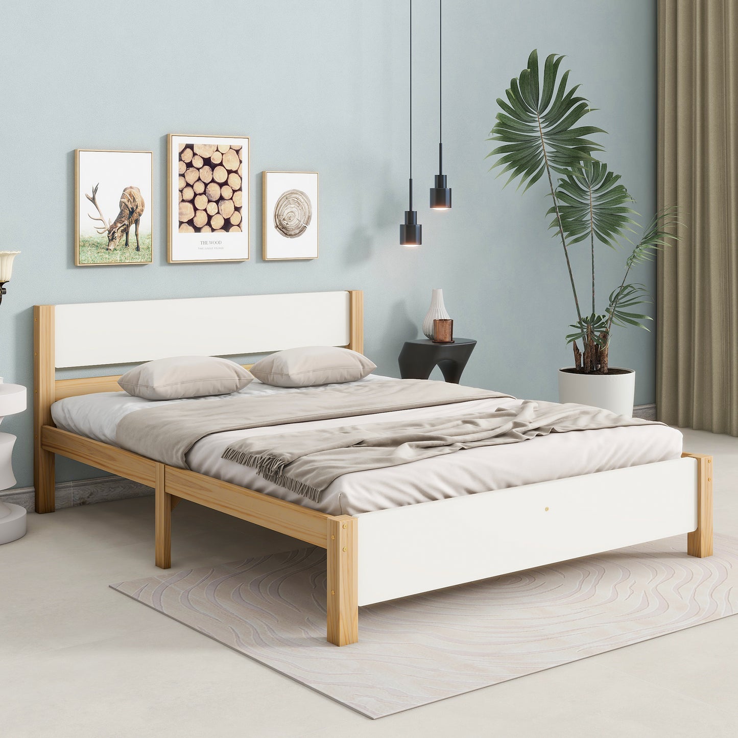 (Z)Solid Wood Double Bed - Central Post Stability, White with Natural Wood Grain, 3 Silent Slide Drawers 140x200cm
