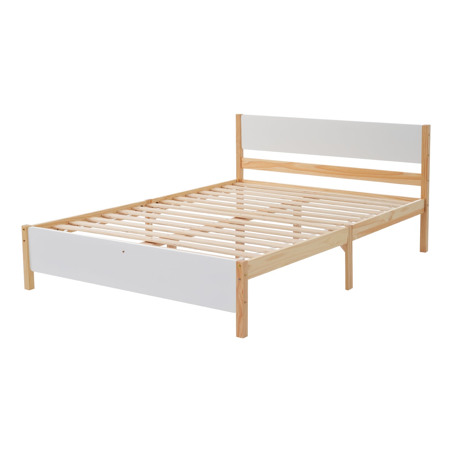 (Z)Solid Wood Double Bed - Central Post Stability, White with Natural Wood Grain, 3 Silent Slide Drawers 140x200cm