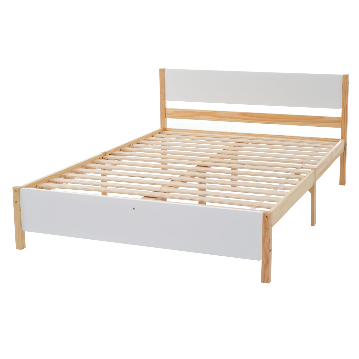 (Z)Solid Wood Double Bed - Central Post Stability, White with Natural Wood Grain, 3 Silent Slide Drawers 140x200cm