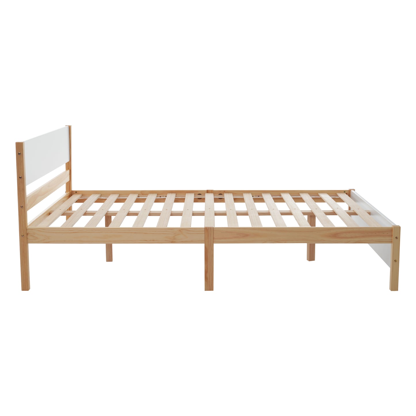 (Z)Solid Wood Double Bed - Central Post Stability, White with Natural Wood Grain, 3 Silent Slide Drawers 140x200cm