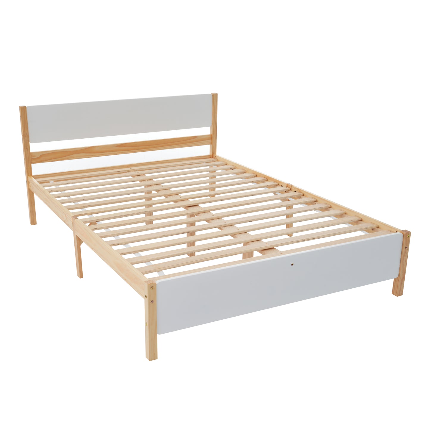 (Z)Solid Wood Double Bed - Central Post Stability, White with Natural Wood Grain, 3 Silent Slide Drawers 140x200cm