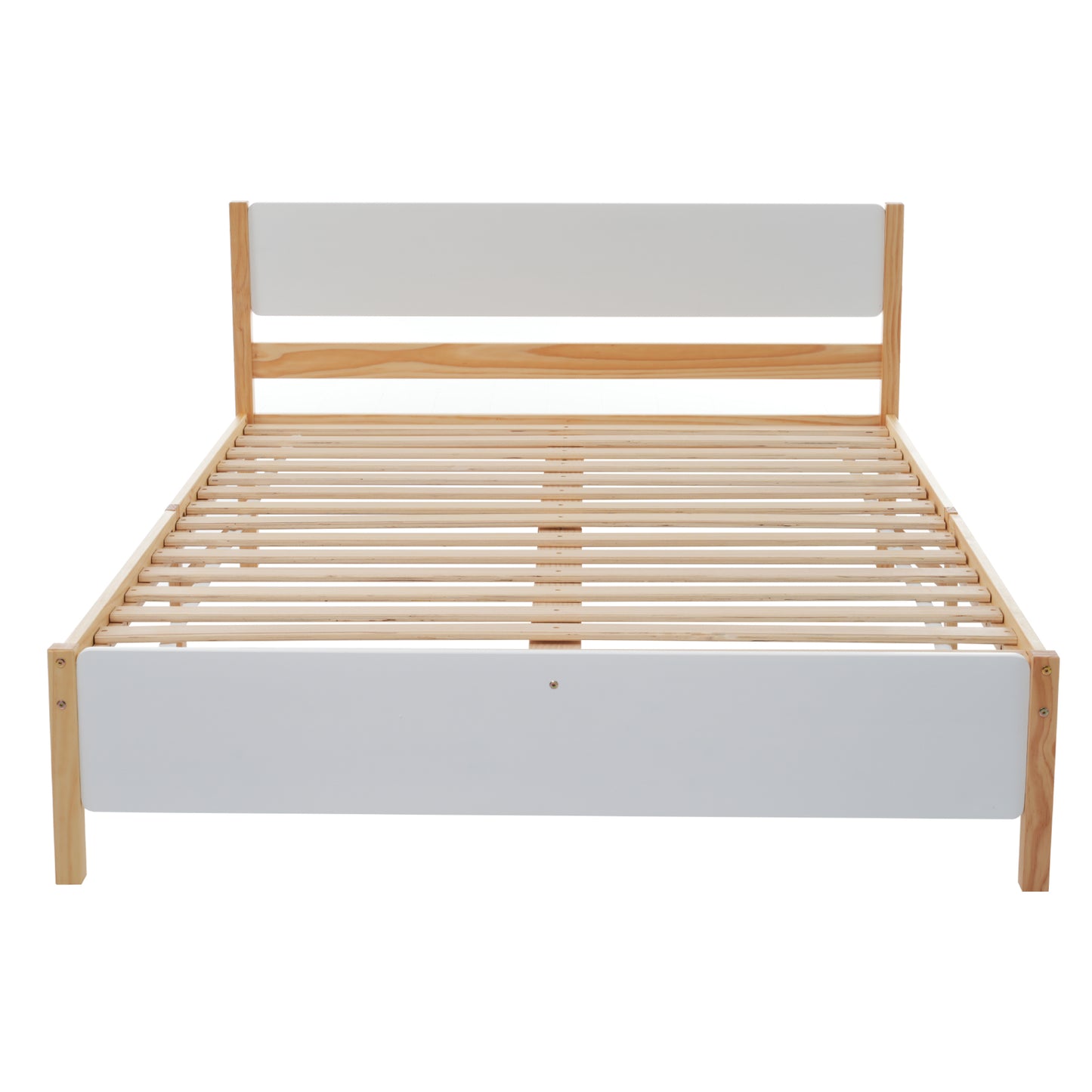 (Z)Solid Wood Double Bed - Central Post Stability, White with Natural Wood Grain, 3 Silent Slide Drawers 140x200cm