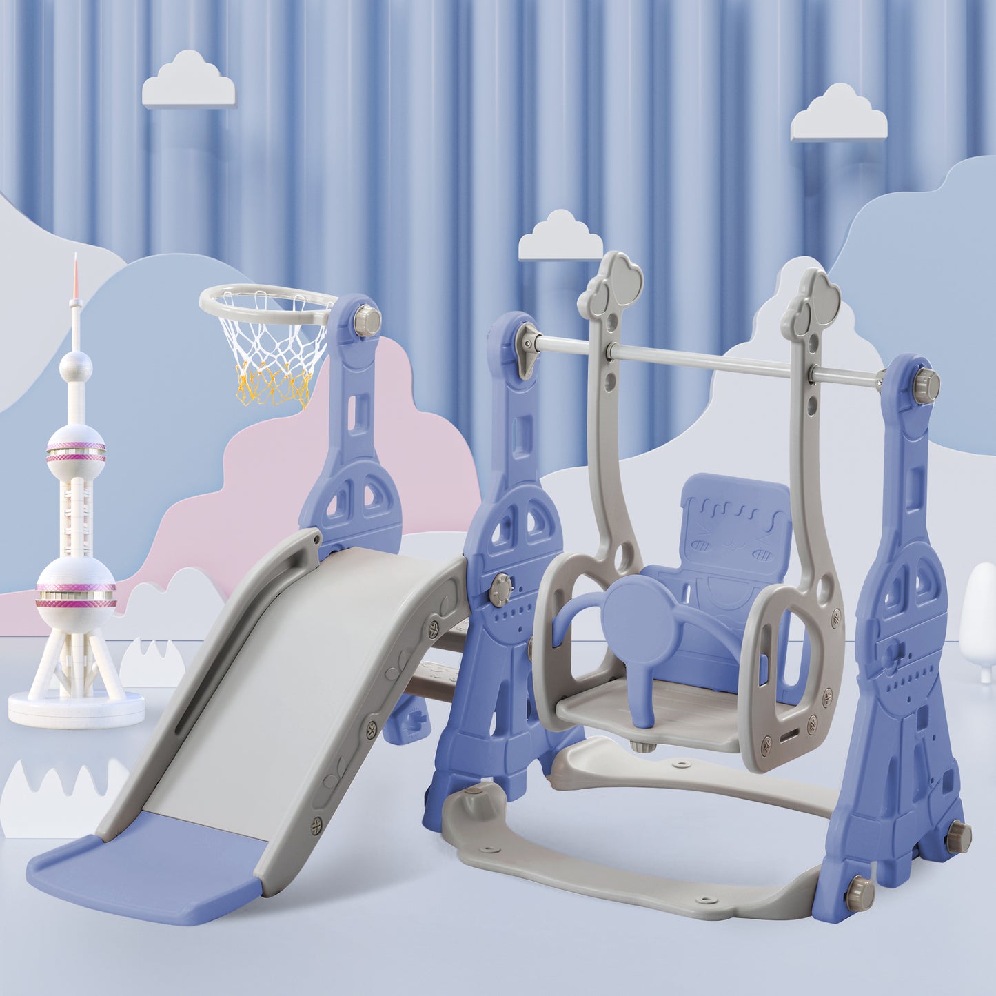 4-in-1 Kids' Slide Swing with Basketball Stand & Ladder