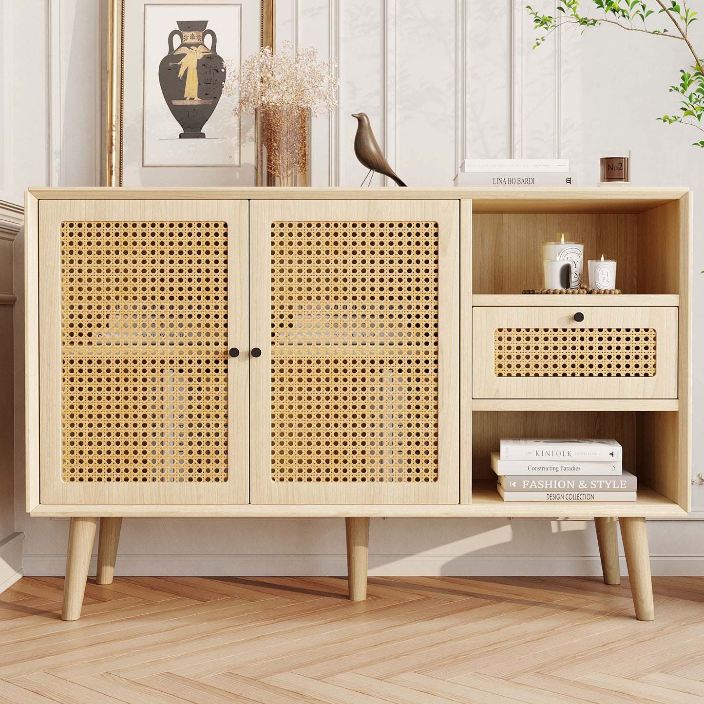 Oak Sideboard with Chest of Drawers, Rattan Weave Doors, Solid Wood Legs, and Magnetic Doors (120x40x80cm)