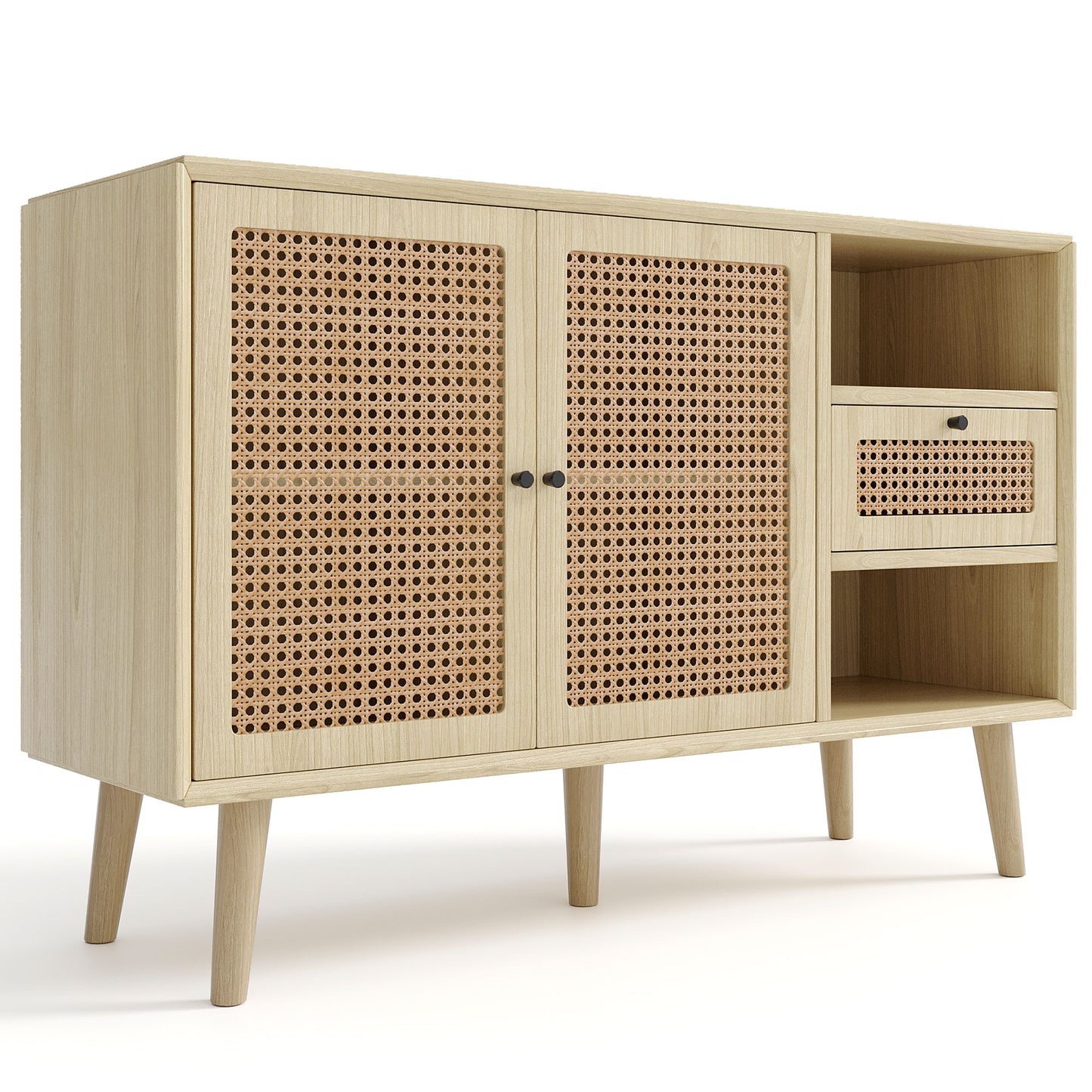 Oak Sideboard with Chest of Drawers, Rattan Weave Doors, Solid Wood Legs, and Magnetic Doors (120x40x80cm)