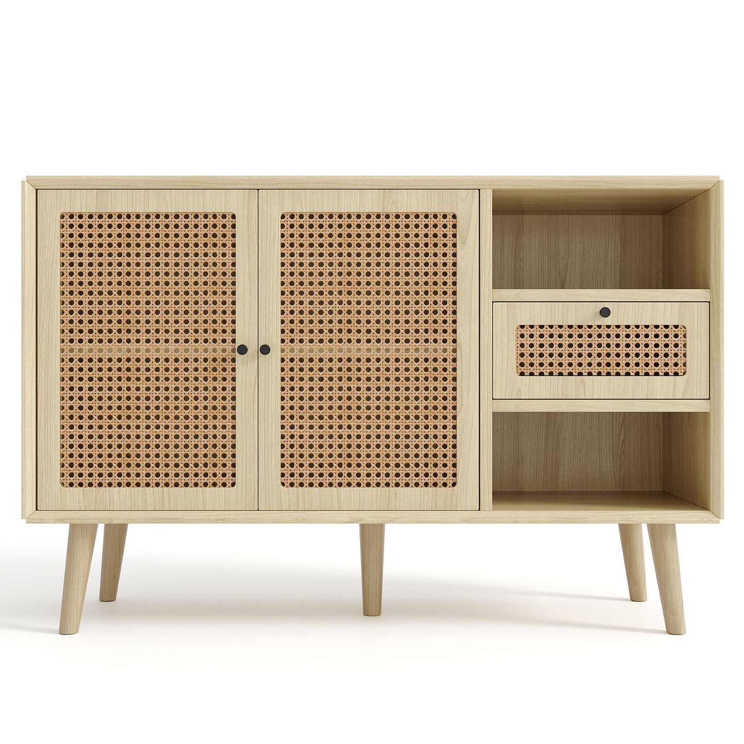 Oak Sideboard with Chest of Drawers, Rattan Weave Doors, Solid Wood Legs, and Magnetic Doors (120x40x80cm)