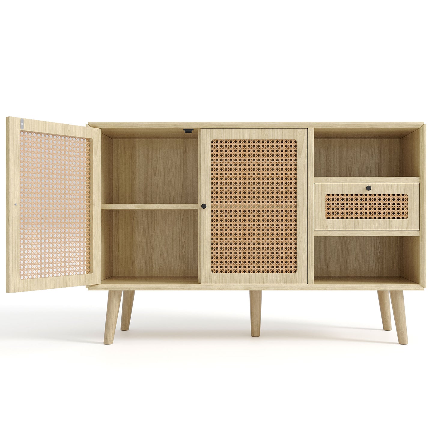 Oak Sideboard with Chest of Drawers, Rattan Weave Doors, Solid Wood Legs, and Magnetic Doors (120x40x80cm)