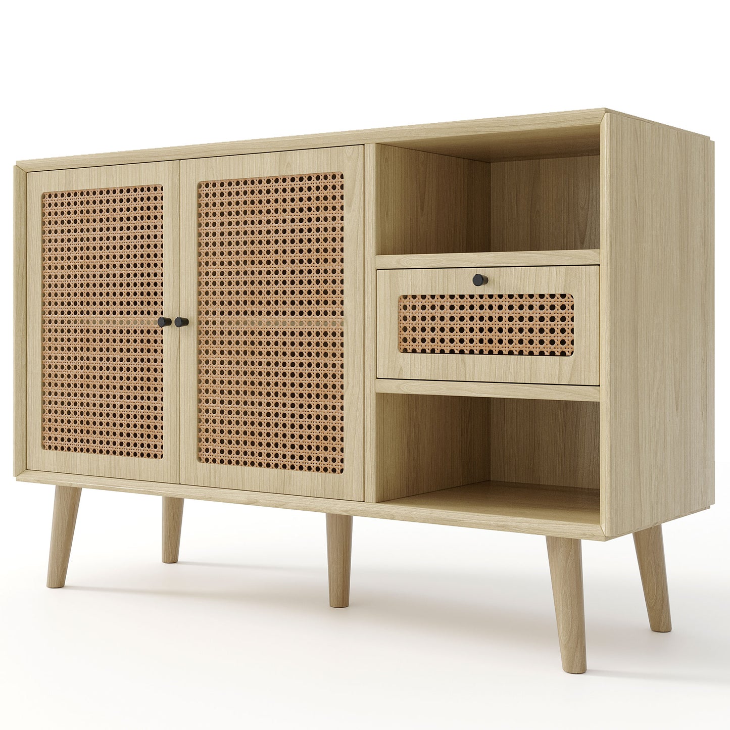 Oak Sideboard with Chest of Drawers, Rattan Weave Doors, Solid Wood Legs, and Magnetic Doors (120x40x80cm)