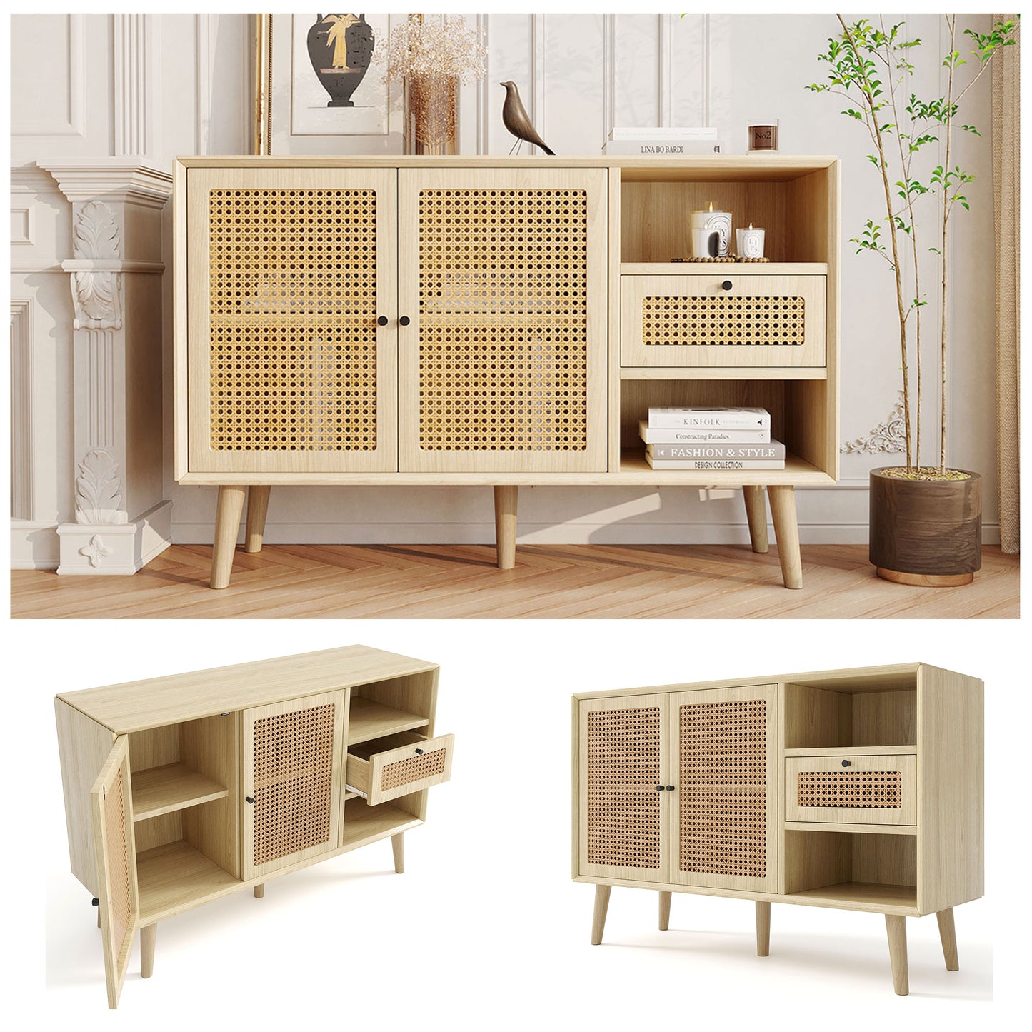 Oak Sideboard with Chest of Drawers, Rattan Weave Doors, Solid Wood Legs, and Magnetic Doors (120x40x80cm)