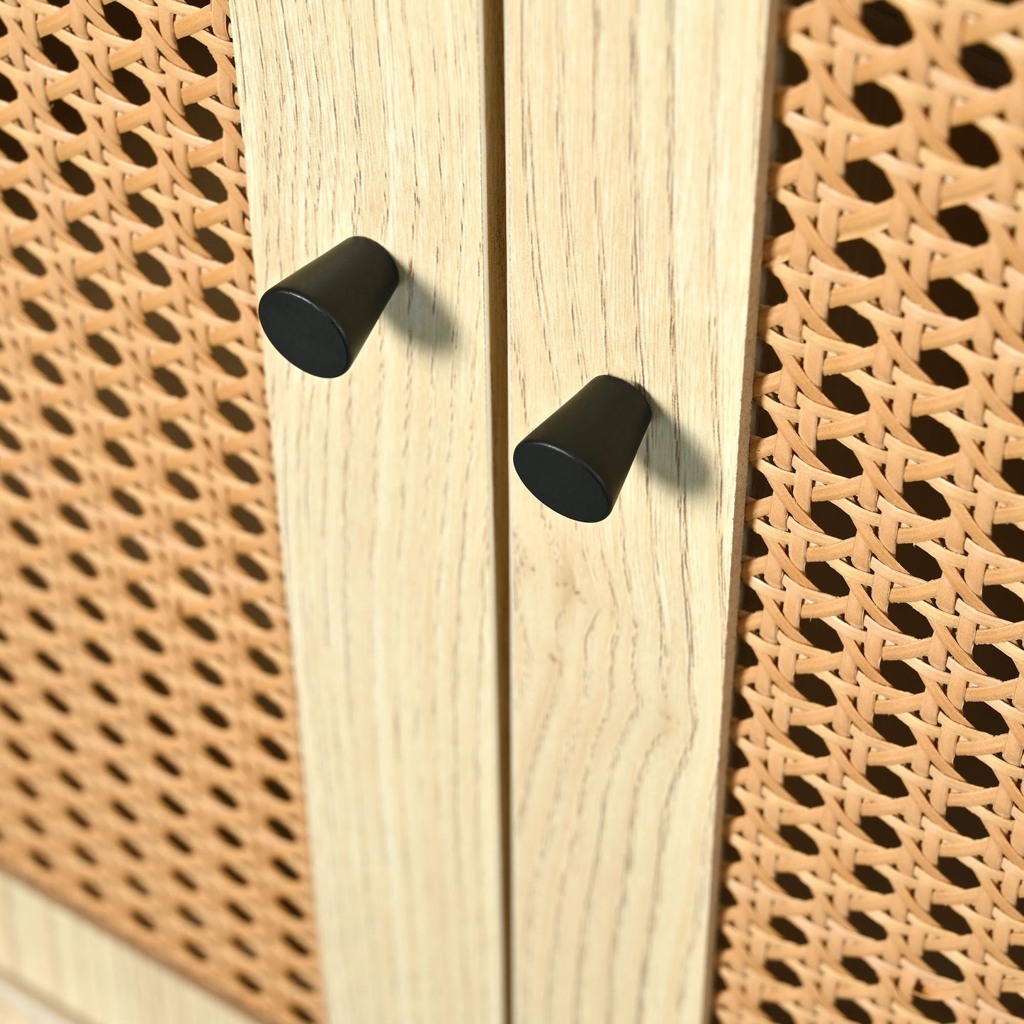 Oak Sideboard with Chest of Drawers, Rattan Weave Doors, Solid Wood Legs, and Magnetic Doors (120x40x80cm)