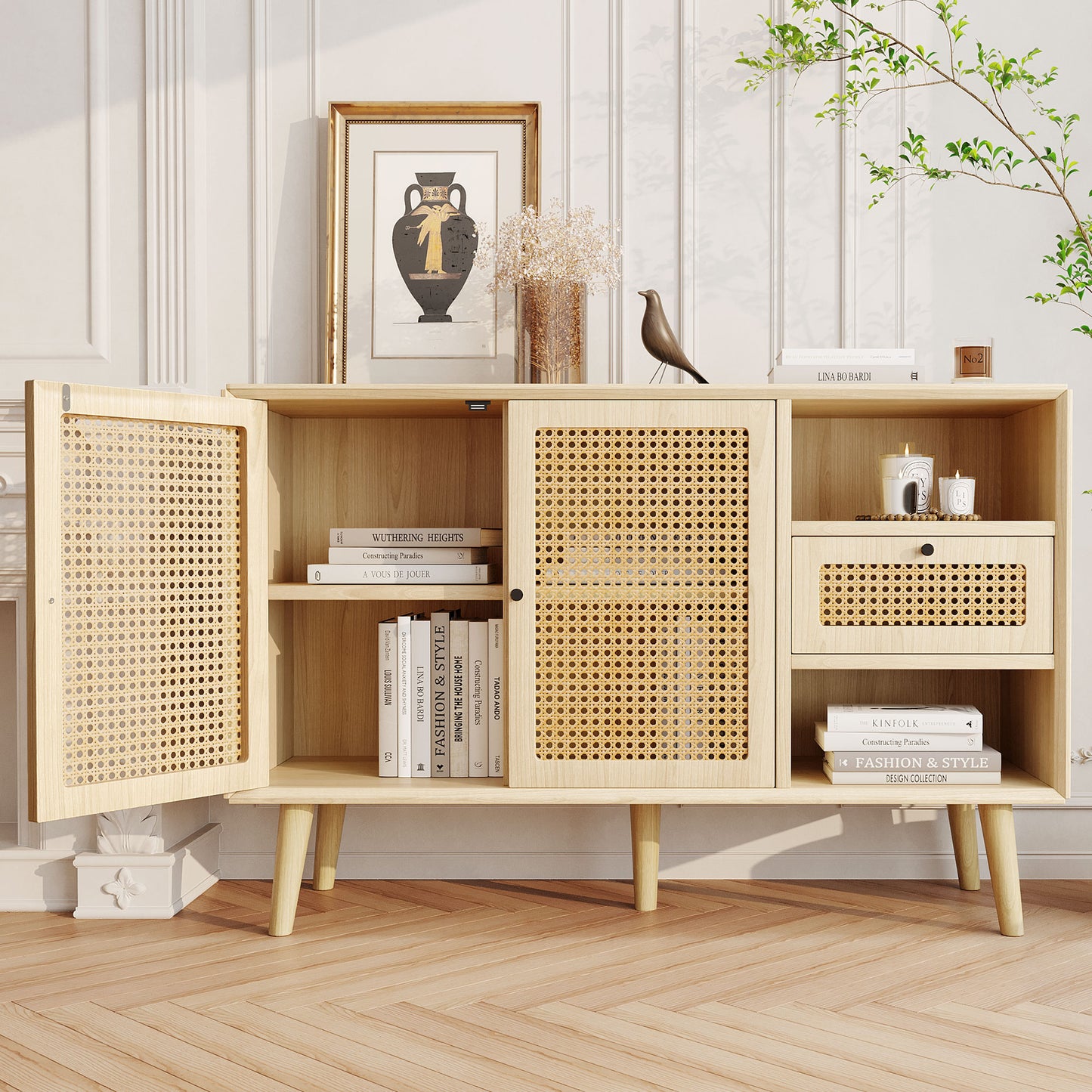 Oak Sideboard with Chest of Drawers, Rattan Weave Doors, Solid Wood Legs, and Magnetic Doors (120x40x80cm)