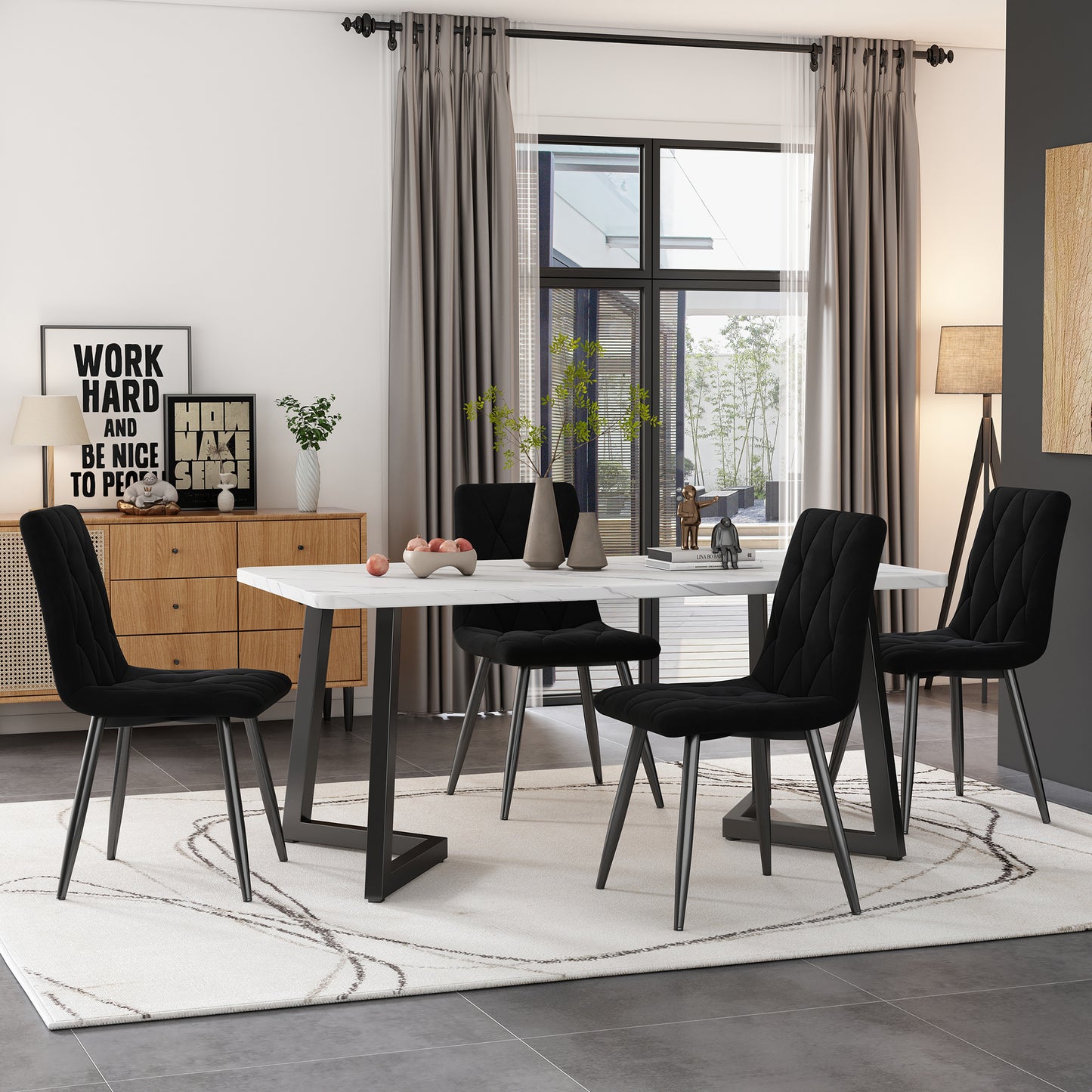 Black Twill Velvet Dining Chairs-Upholstered, Metal Frame, Set of 4