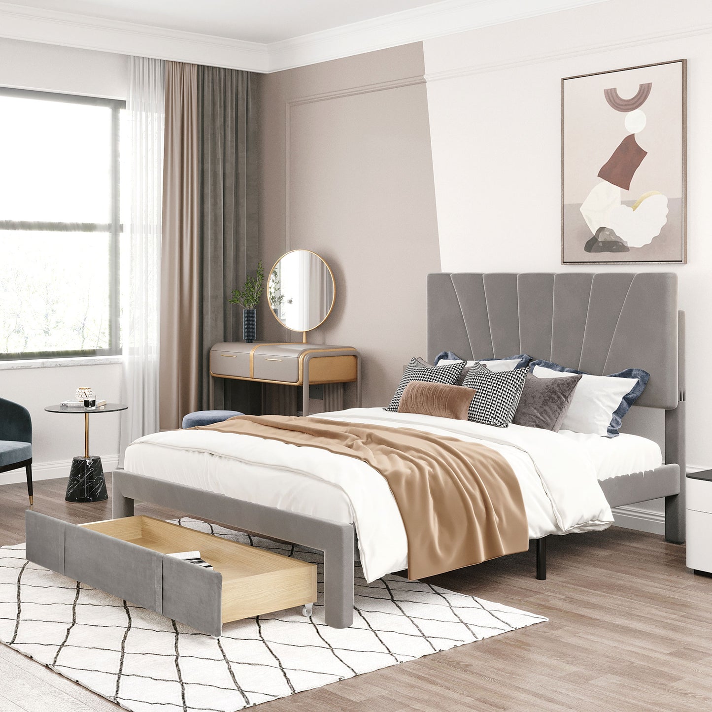 140x200cm Grey Velvet Upholstered Double Bed with Slatted Frame & Large Drawer
