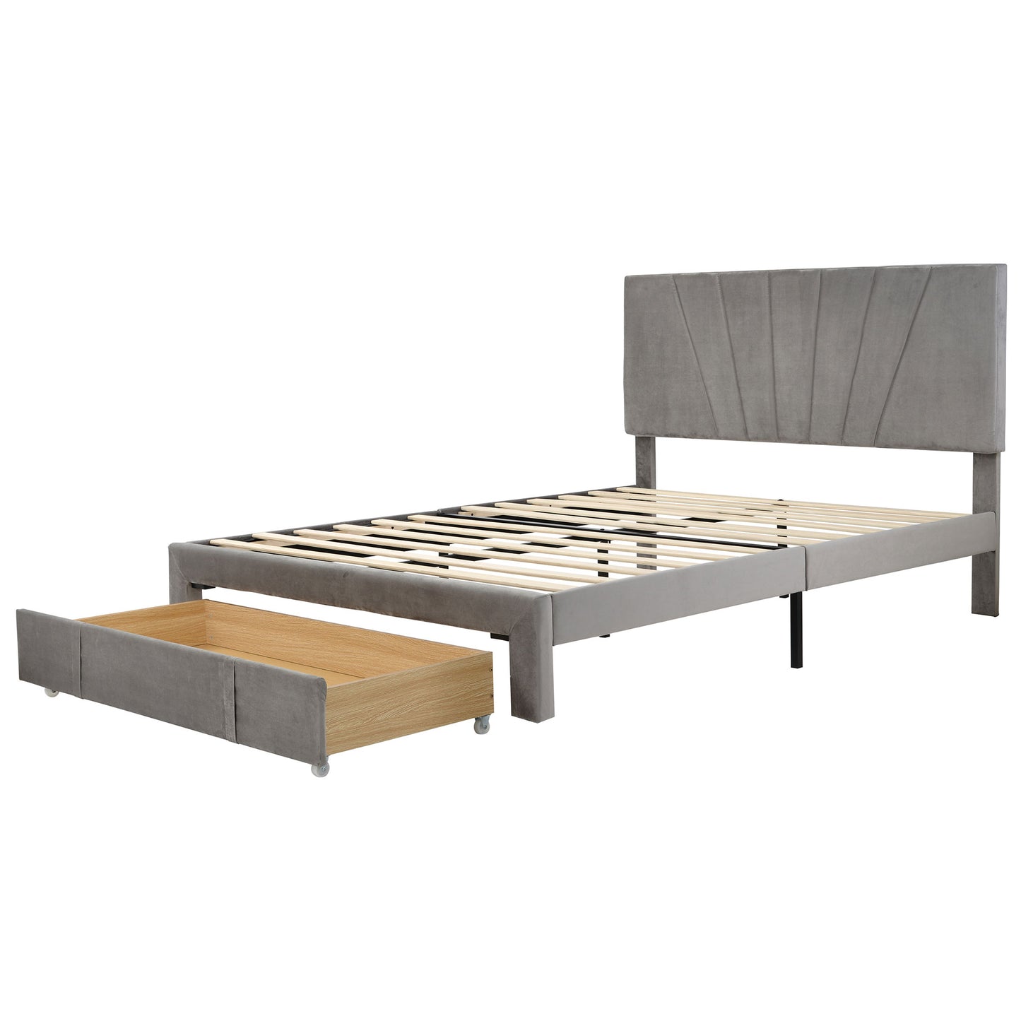 140x200cm Grey Velvet Upholstered Double Bed with Slatted Frame & Large Drawer