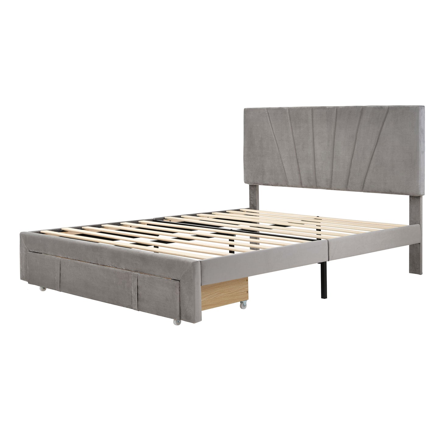 140x200cm Grey Velvet Upholstered Double Bed with Slatted Frame & Large Drawer