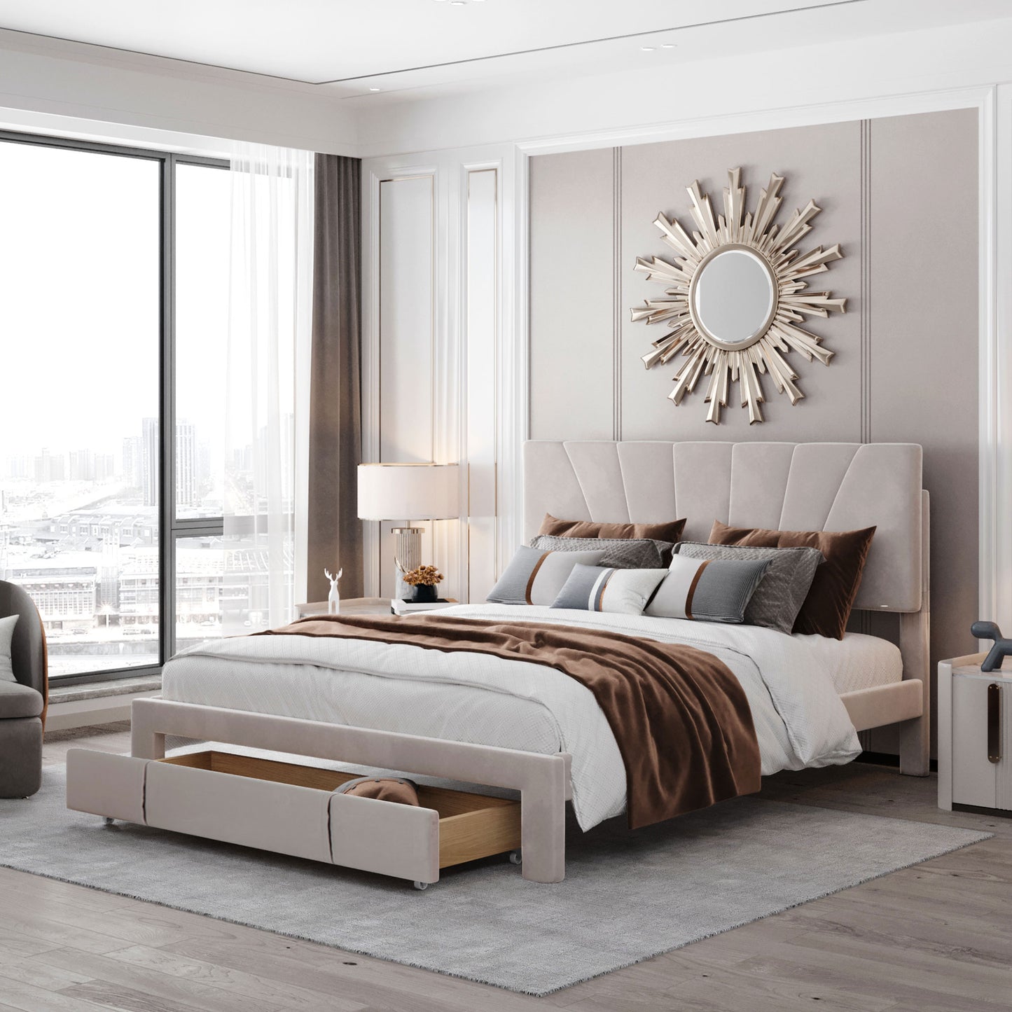 140x200cm Velvet Upholstered Double Bed with Slatted Frame & Large Drawer