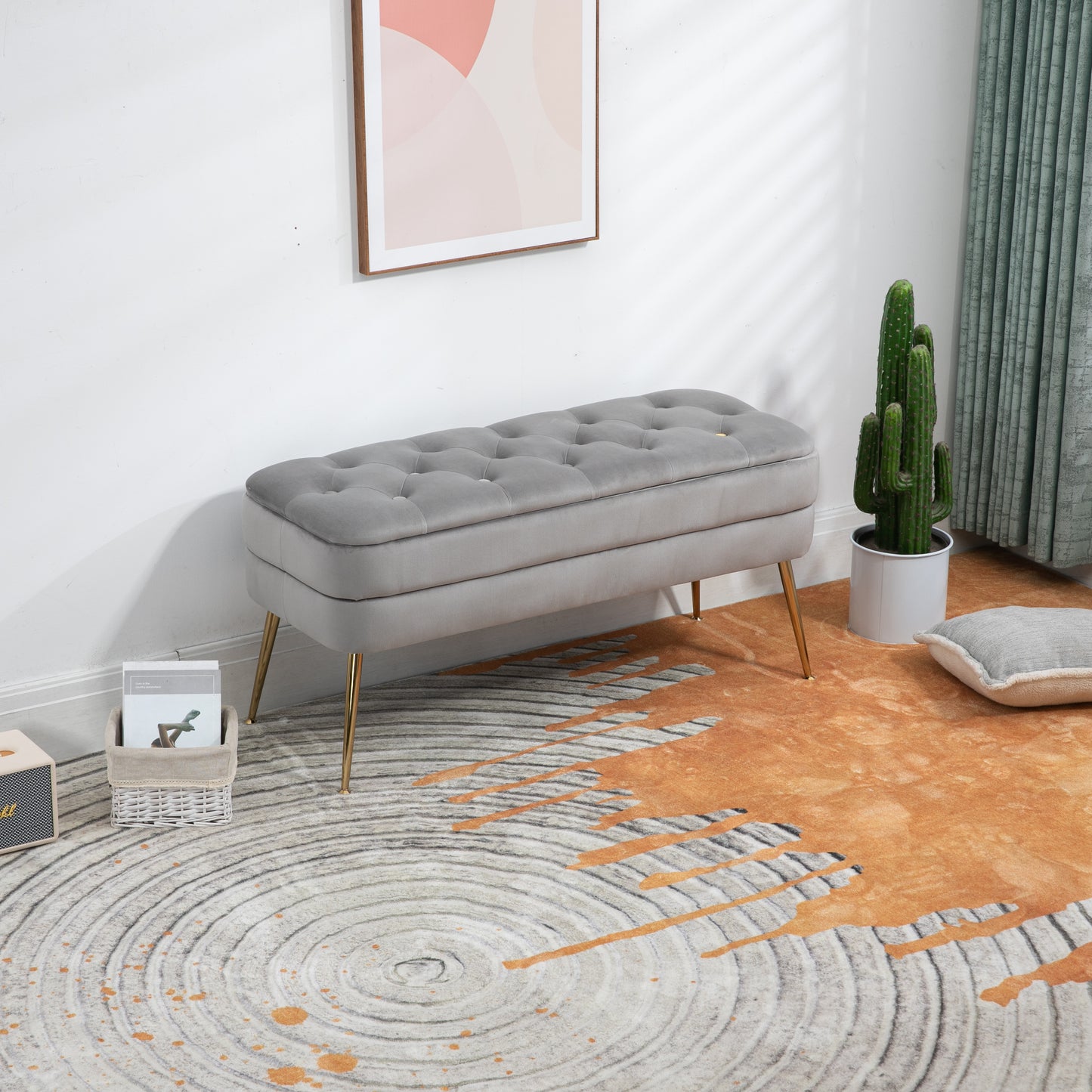 Gray Velvet Storage Ottoman - A Stylish and Functional Bench for Multiple Spaces
