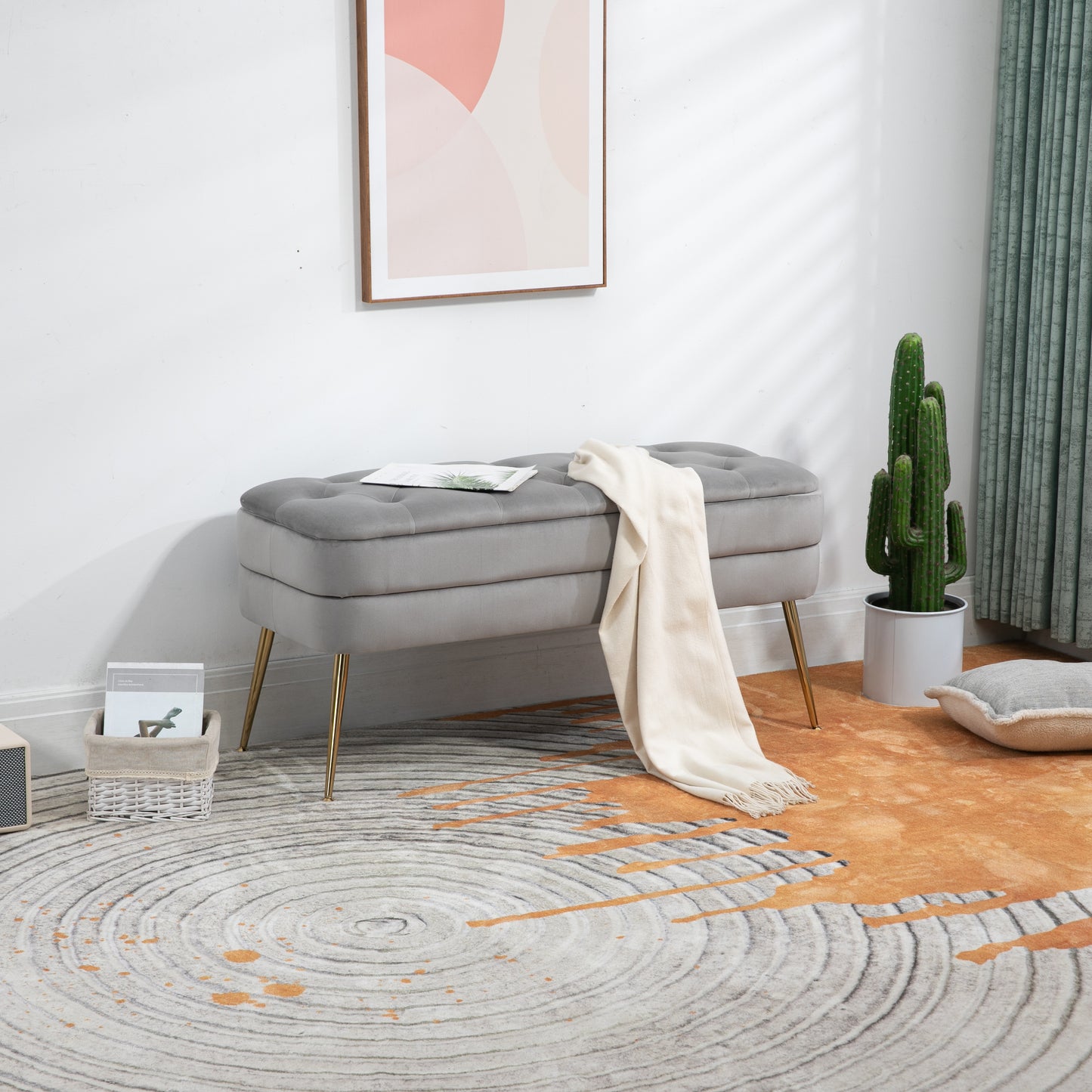 Gray Velvet Storage Ottoman - A Stylish and Functional Bench for Multiple Spaces