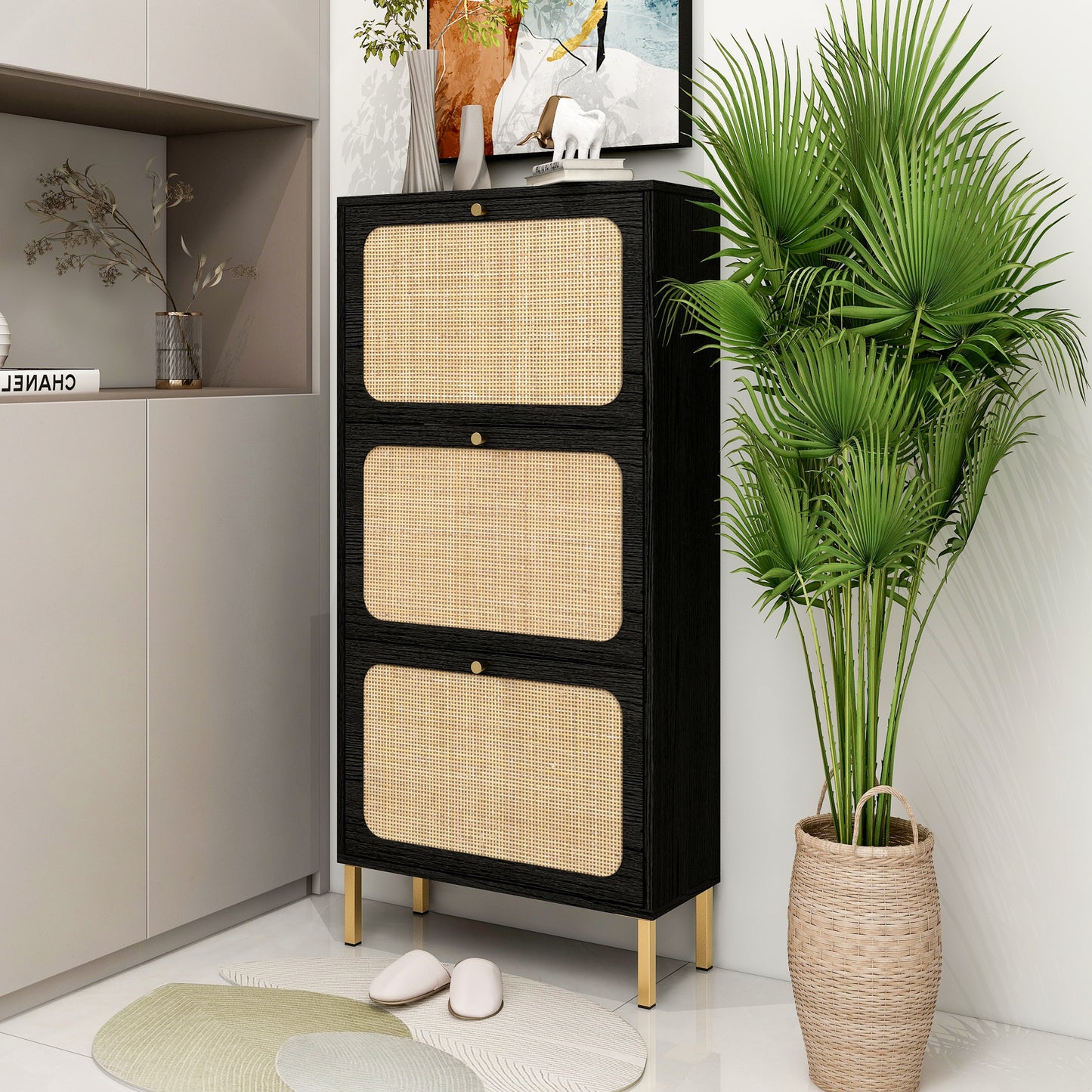 Elegant Three-Door Shoe Cabinet with Carved Panels and Independent Legs