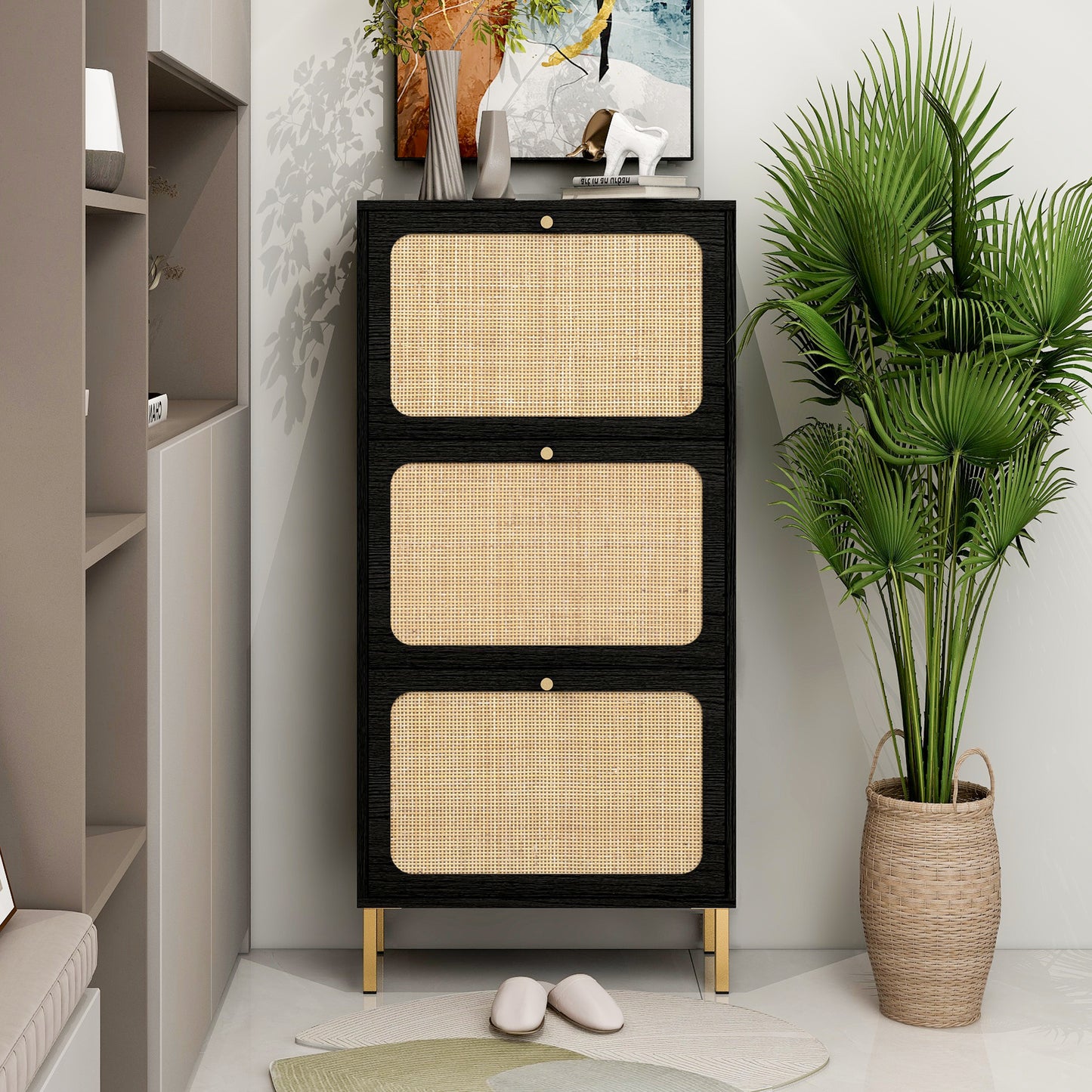 Elegant Three-Door Shoe Cabinet with Carved Panels and Independent Legs
