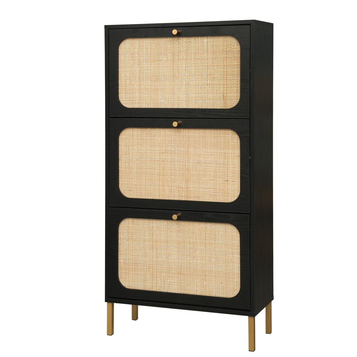 Elegant Three-Door Shoe Cabinet with Carved Panels and Independent Legs