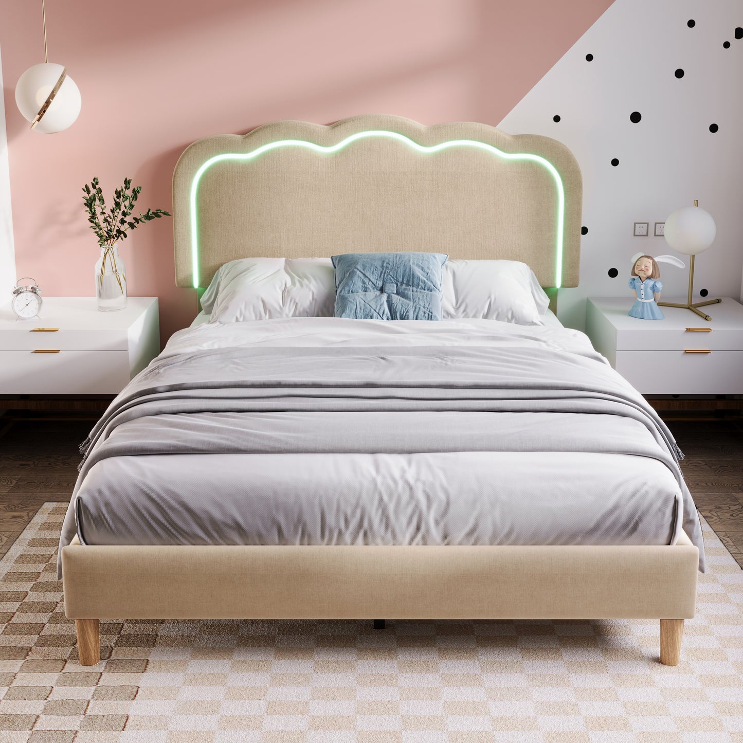 (Z)LED Double Bed 140x200cm Adjustable Headboard Beige Linen Bed Frame