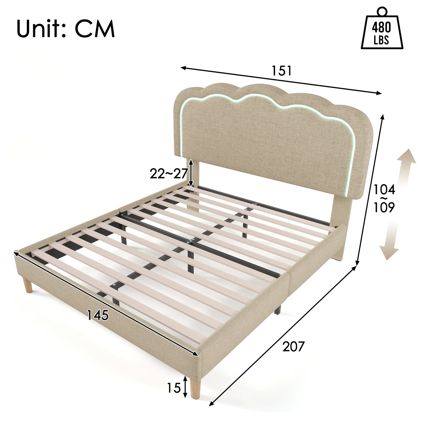 (Z)LED Double Bed 140x200cm Adjustable Headboard Beige Linen Bed Frame