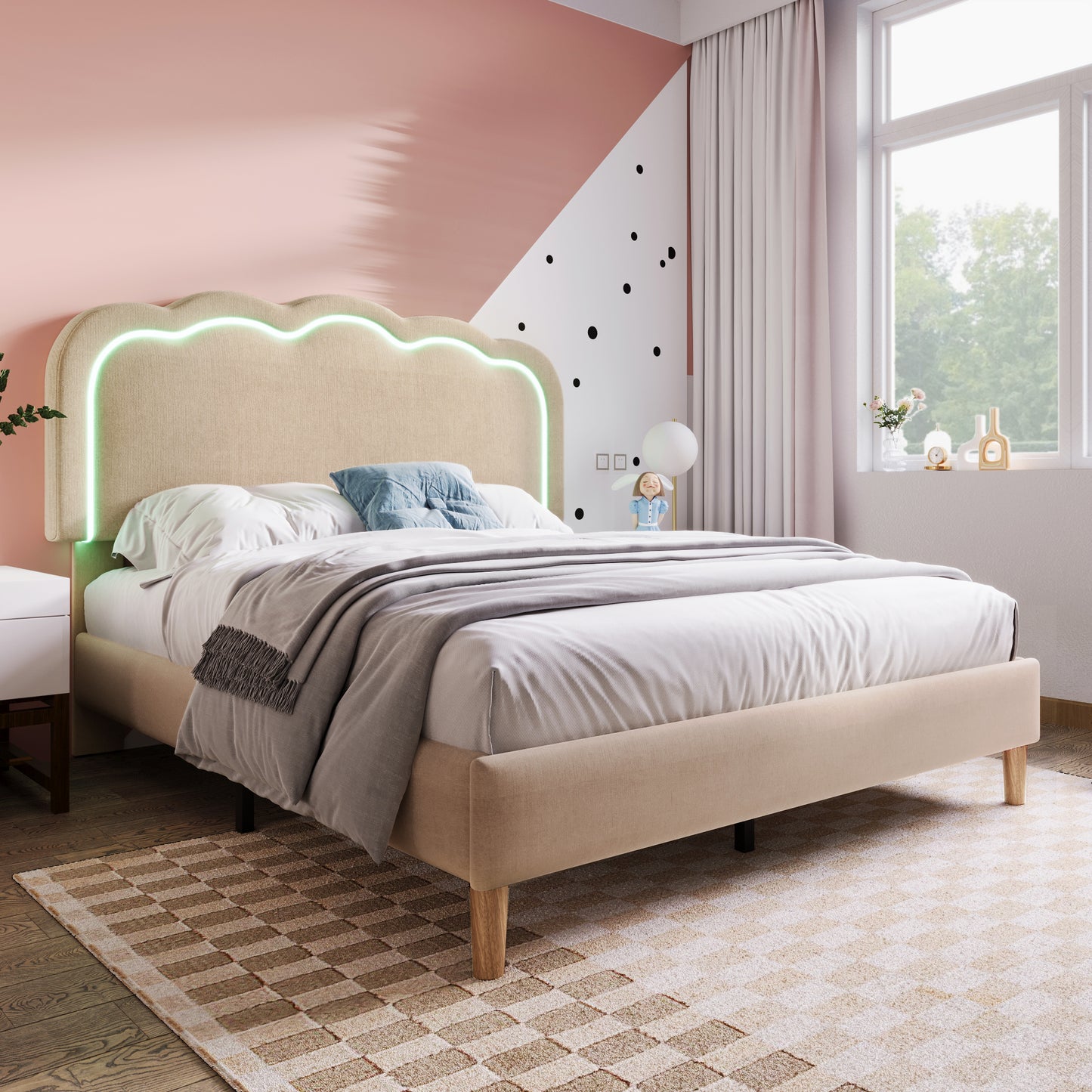 (Z)LED Double Bed 140x200cm Adjustable Headboard Beige Linen Bed Frame