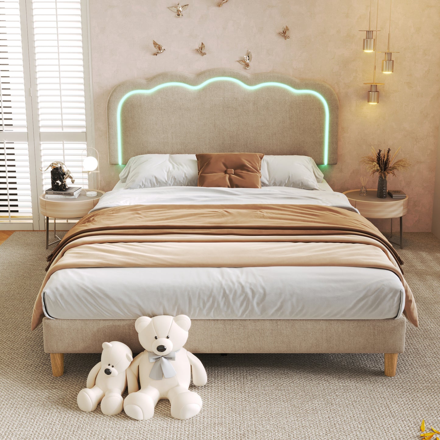 (Z)LED Double Bed 140x200cm Adjustable Headboard Beige Linen Bed Frame