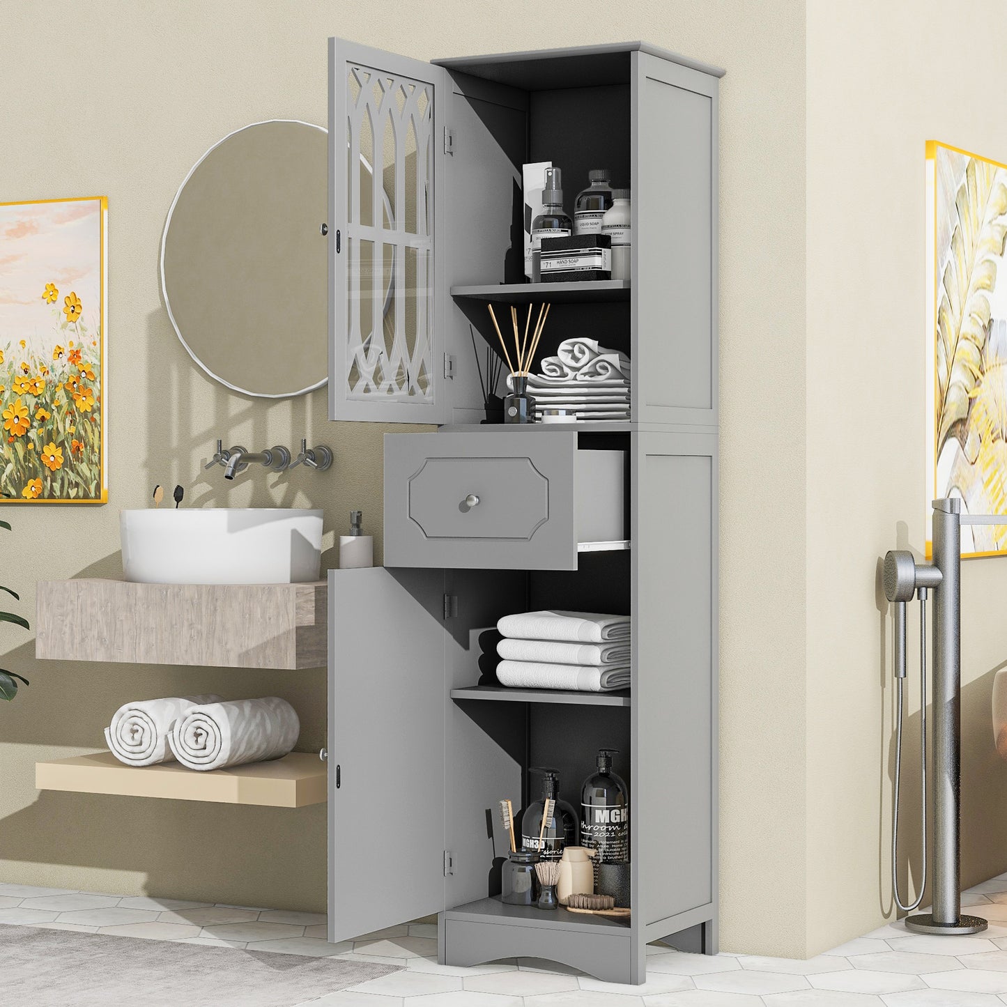 (Z)Grey Premium Feeling Bathroom Floor Cabinet Freestanding Large Storage Space Bathroom Cabinet Multi-purpose Waterproof Bathroom Cabinet Modern Bathroom Cabinet