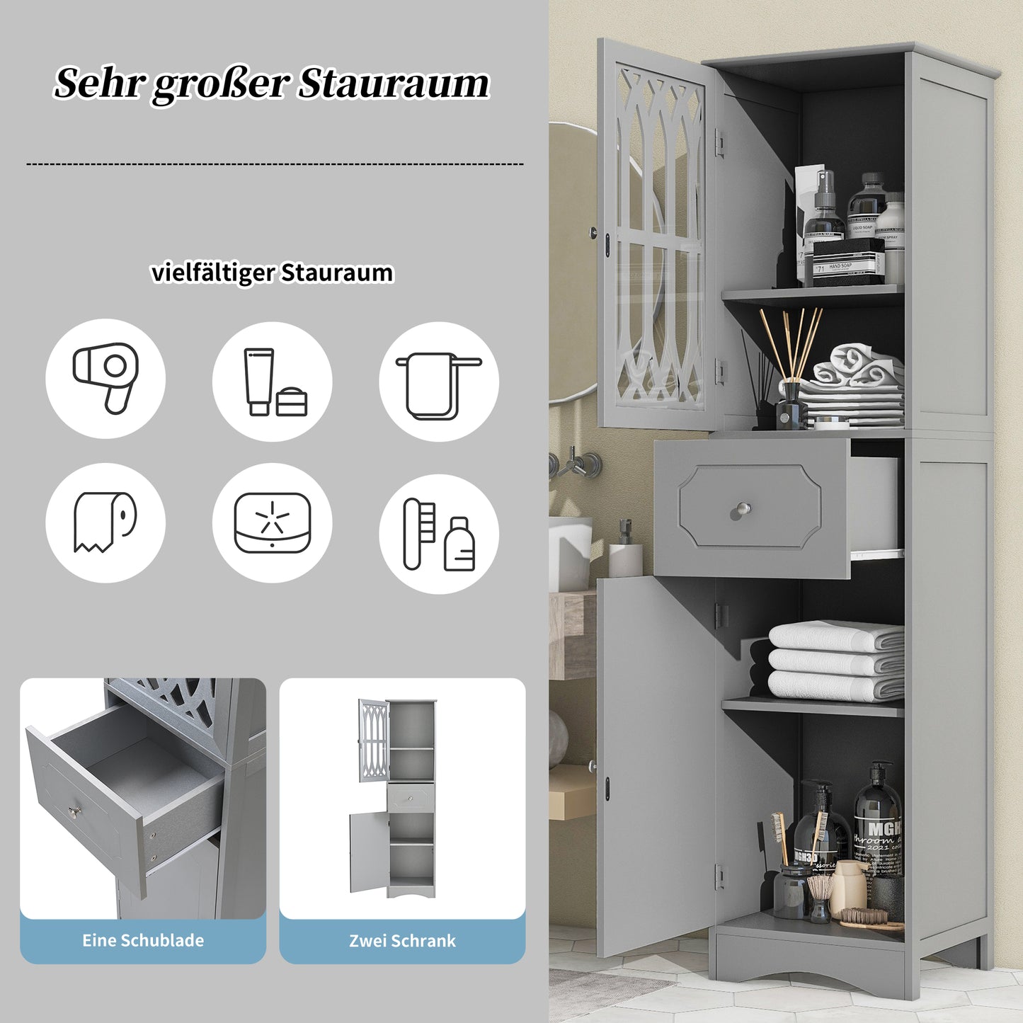 (Z)Grey Premium Feeling Bathroom Floor Cabinet Freestanding Large Storage Space Bathroom Cabinet Multi-purpose Waterproof Bathroom Cabinet Modern Bathroom Cabinet